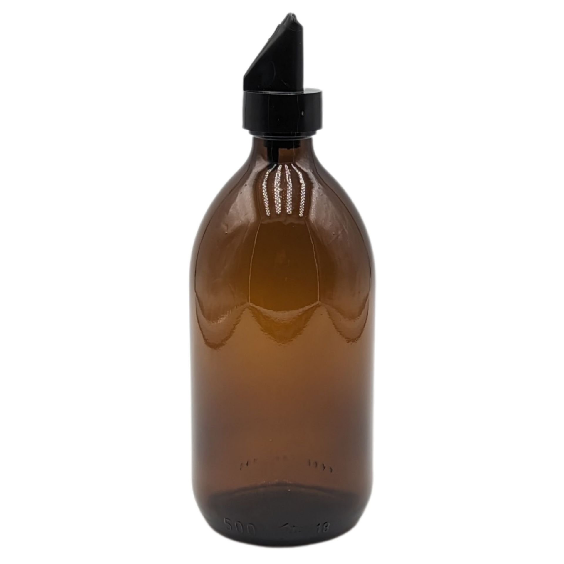 Leere 500-ml-Glasflasche aus klarem Glas mit Schraubverschluss, stehend auf weißem Hintergrund.