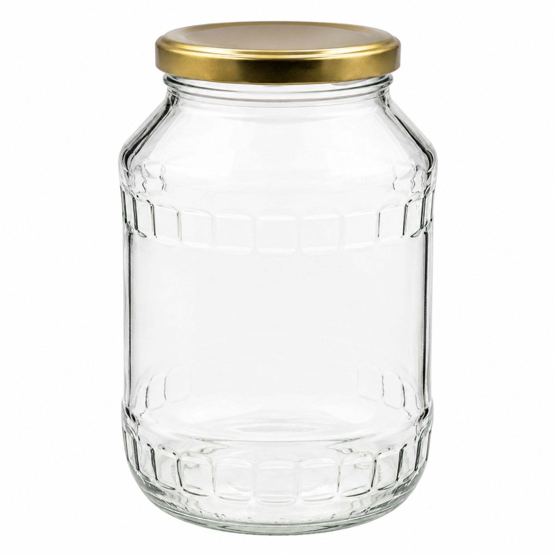 Großes, transparentes Einmachglas mit einem Fassungsvermögen von 1700 ml, verschlossen mit einem goldfarbenen Metalldeckel; das Glas steht aufrecht vor weißem Hintergrund.