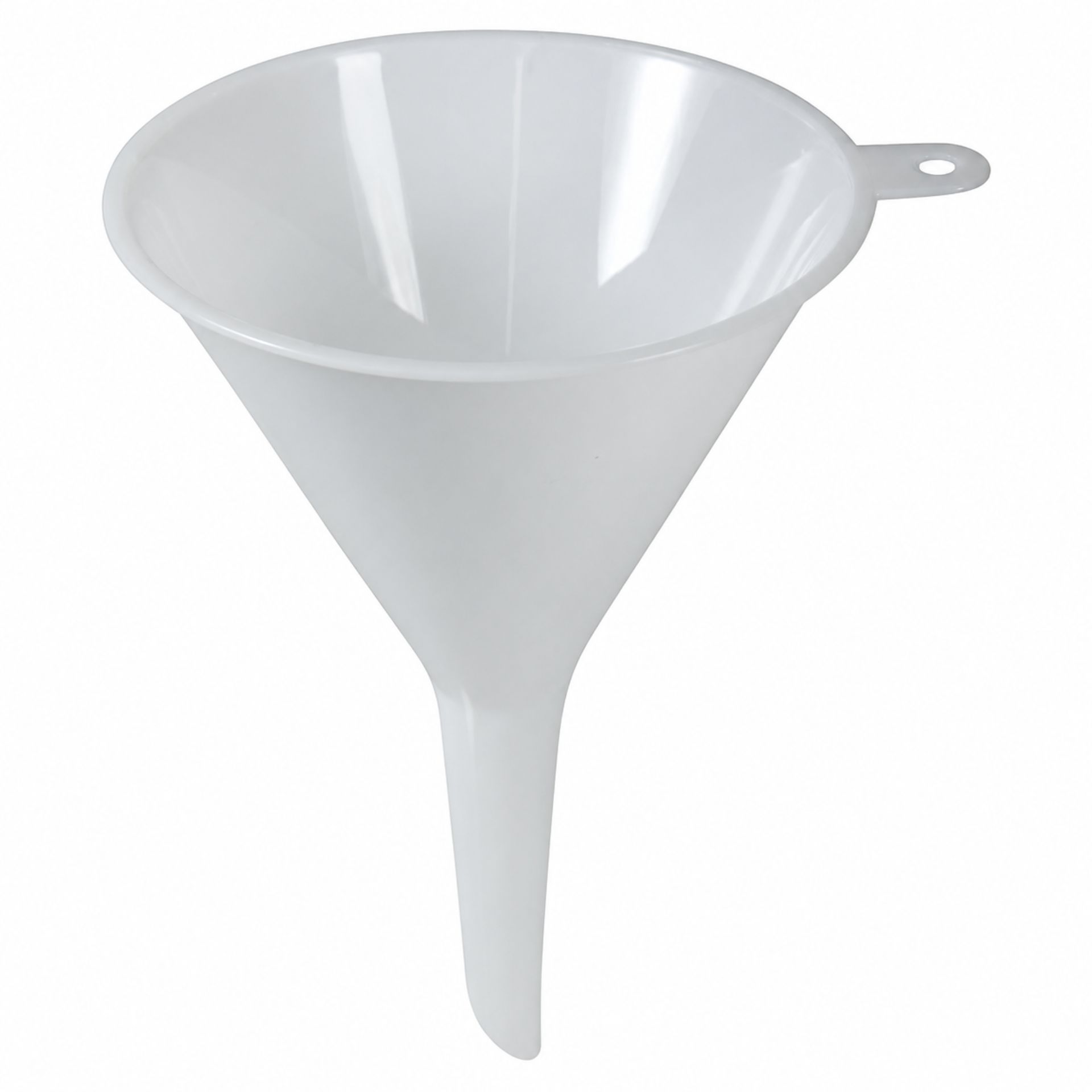 Trichter aus weißem Kunststoff mit 9 cm Durchmesser, ideal zum Einfüllen von Flüssigkeiten in Flaschen und Gläser.