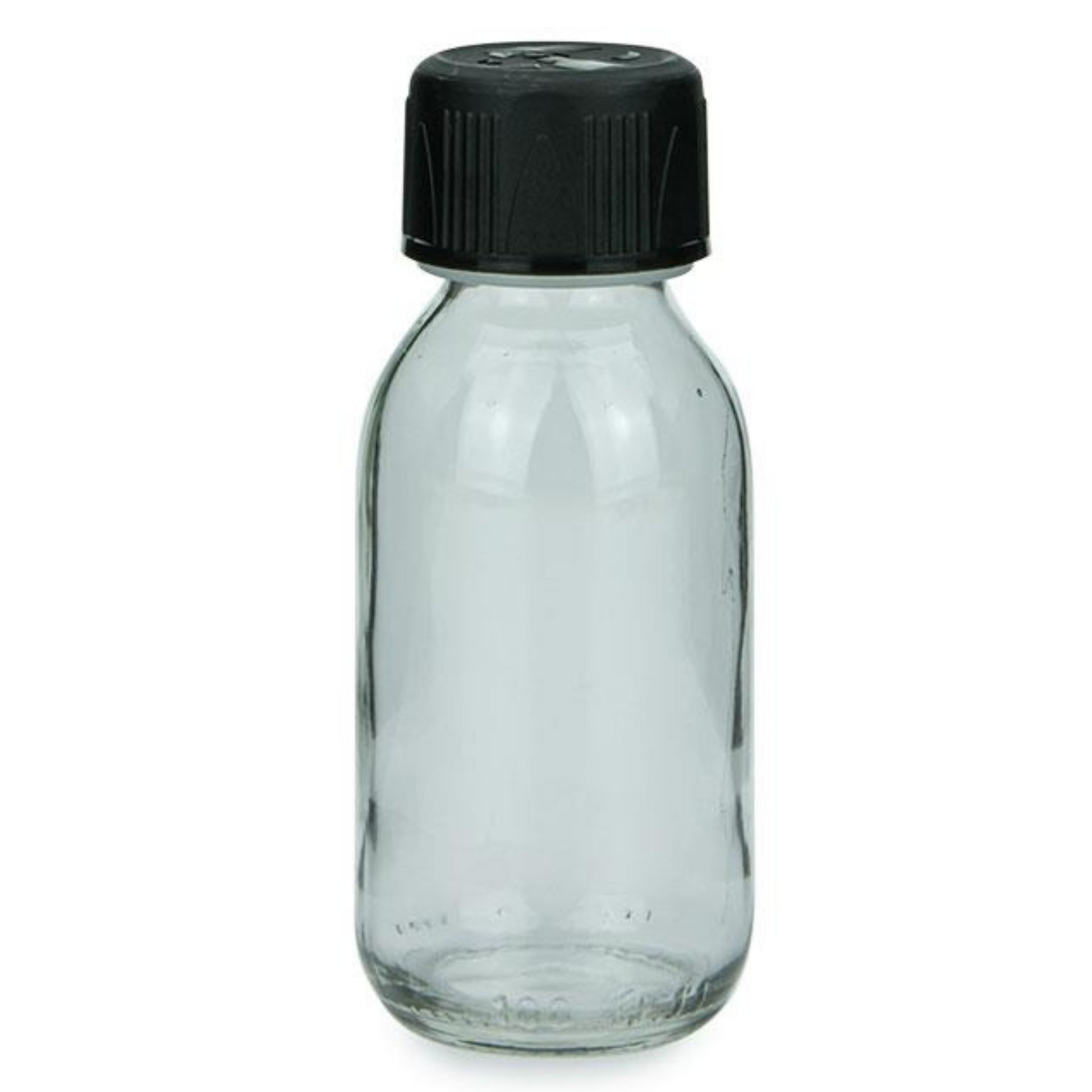 Klare 100-ml-Sirupflasche aus Glas mit kindersicherem Schraubverschluss, stehend vor weißem Hintergrund.