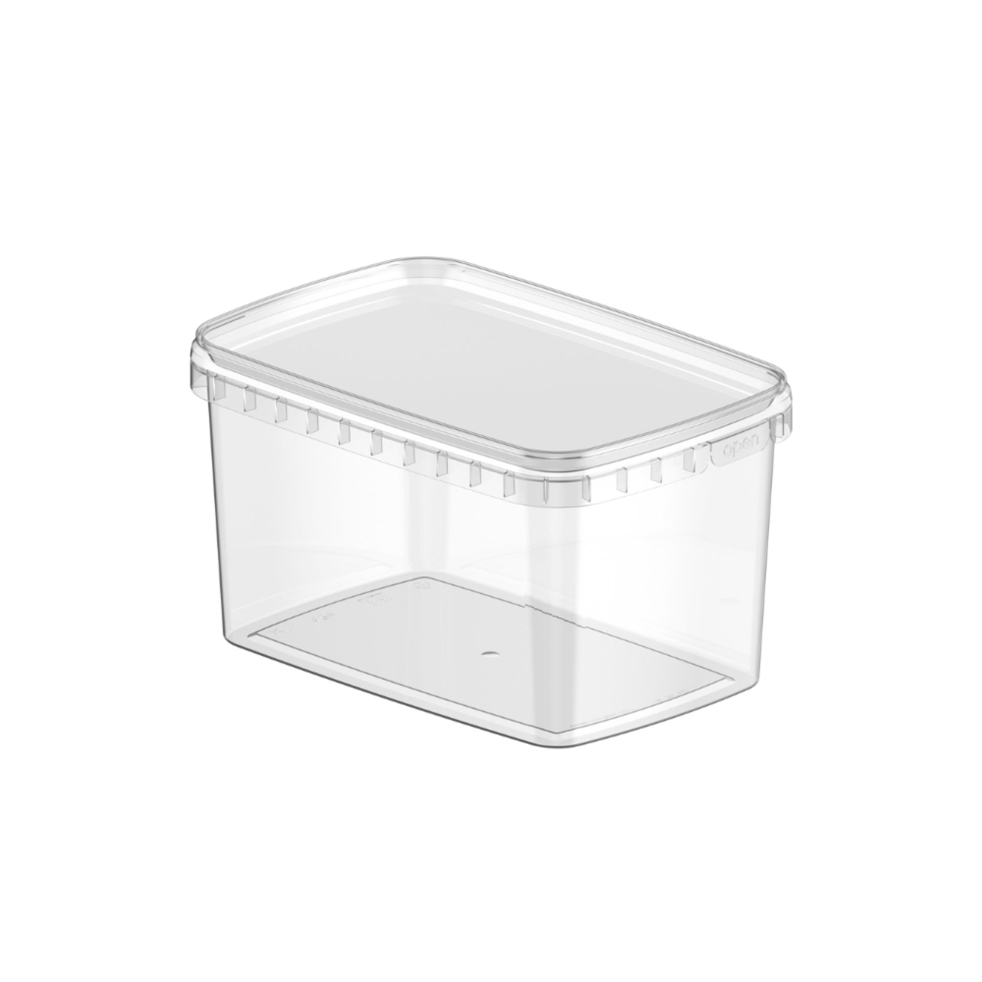 Transparente, rechteckige Kunststoffdose mit weißem Deckel und 1800 ml Volumen, geeignet zur Aufbewahrung von Lebensmitteln.