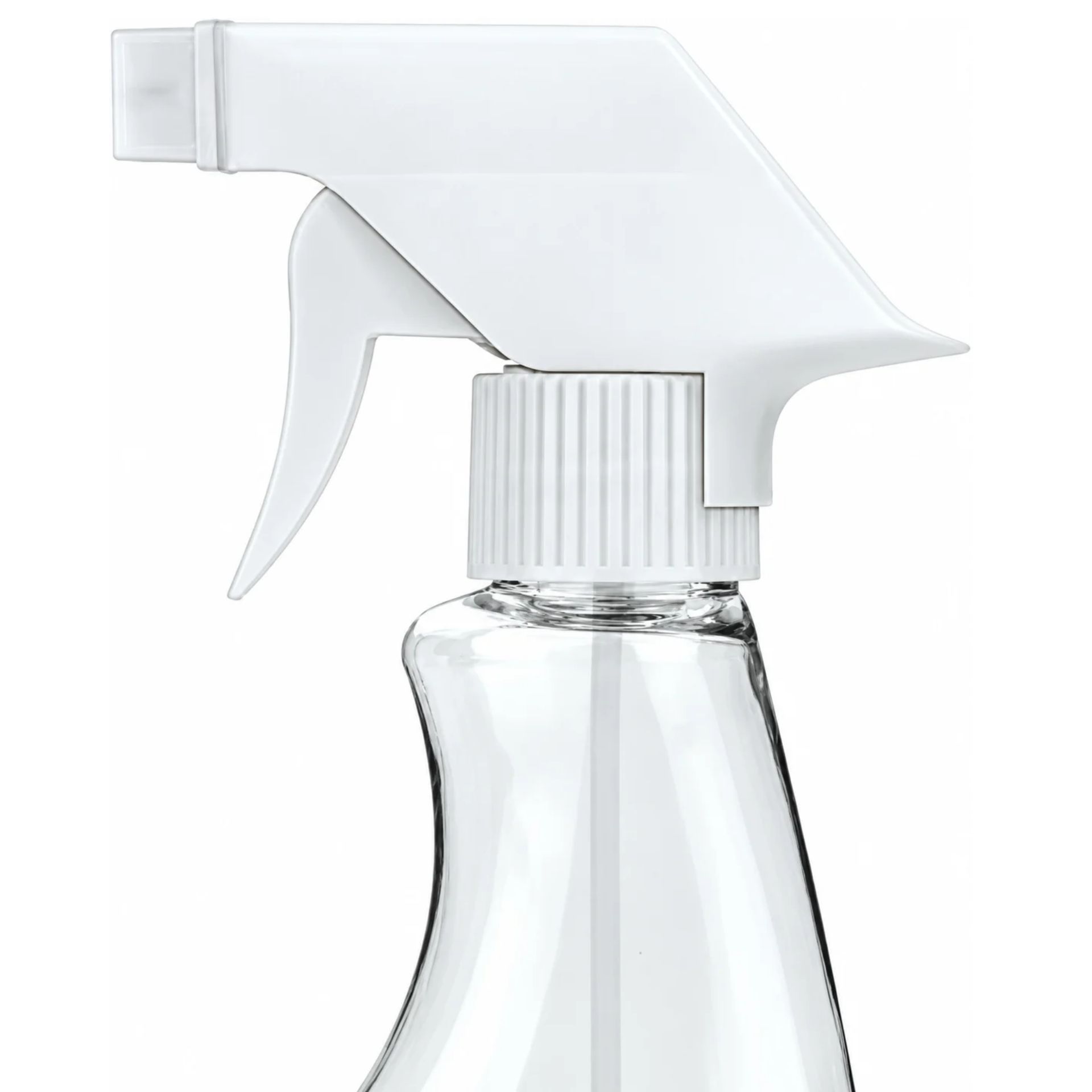 Weiße Sprühpistole aus Kunststoff mit ergonomischem Abzug, passend für Flaschen mit PP28-Gewinde, seitlich fotografiert auf neutralem Hintergrund.