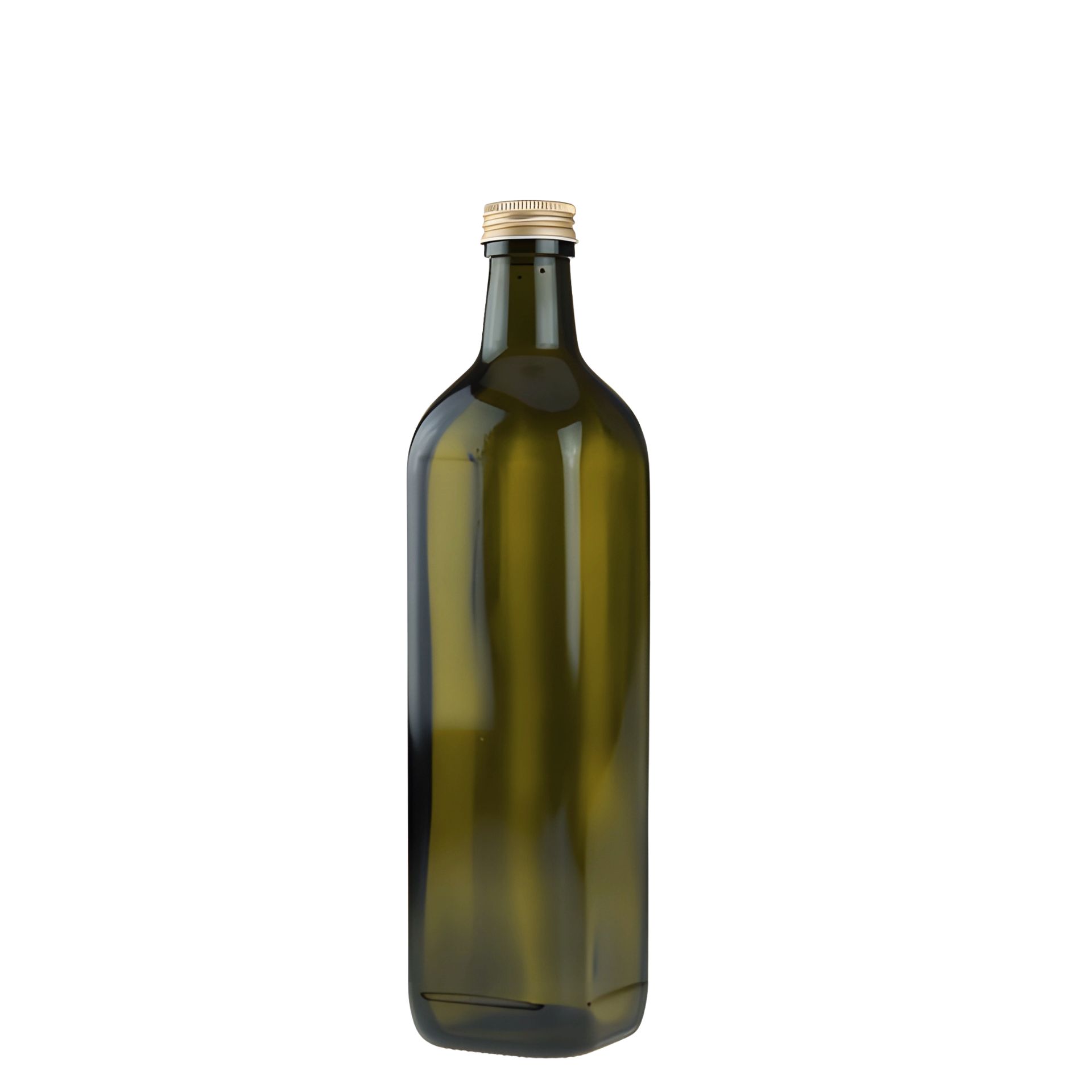 Grüne, viereckige Glasflasche mit 750 ml Fassungsvermögen, ausgestattet mit einem goldenen Schraubdeckel, ideal für stilvolle Getränkeverpackung und Aufbewahrung.