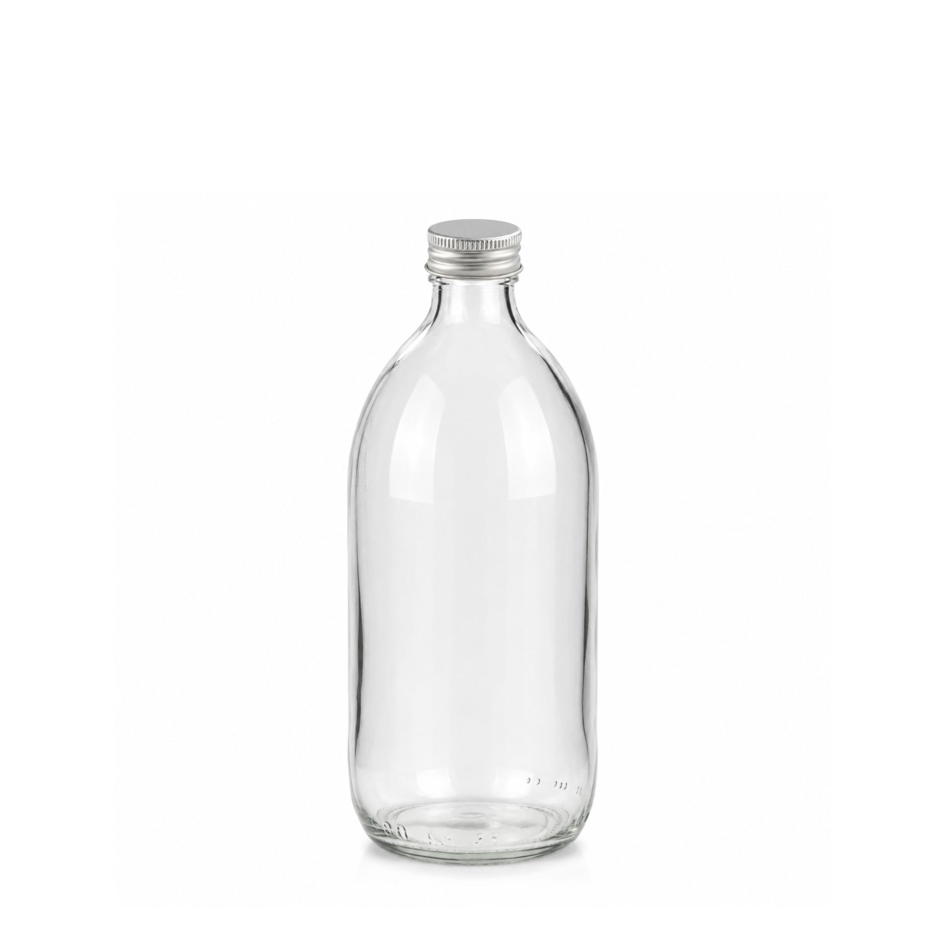 Klare 500-ml-Glasflasche mit silberfarbenem Schraubdeckel, aufrecht stehend vor weißem Hintergrund.