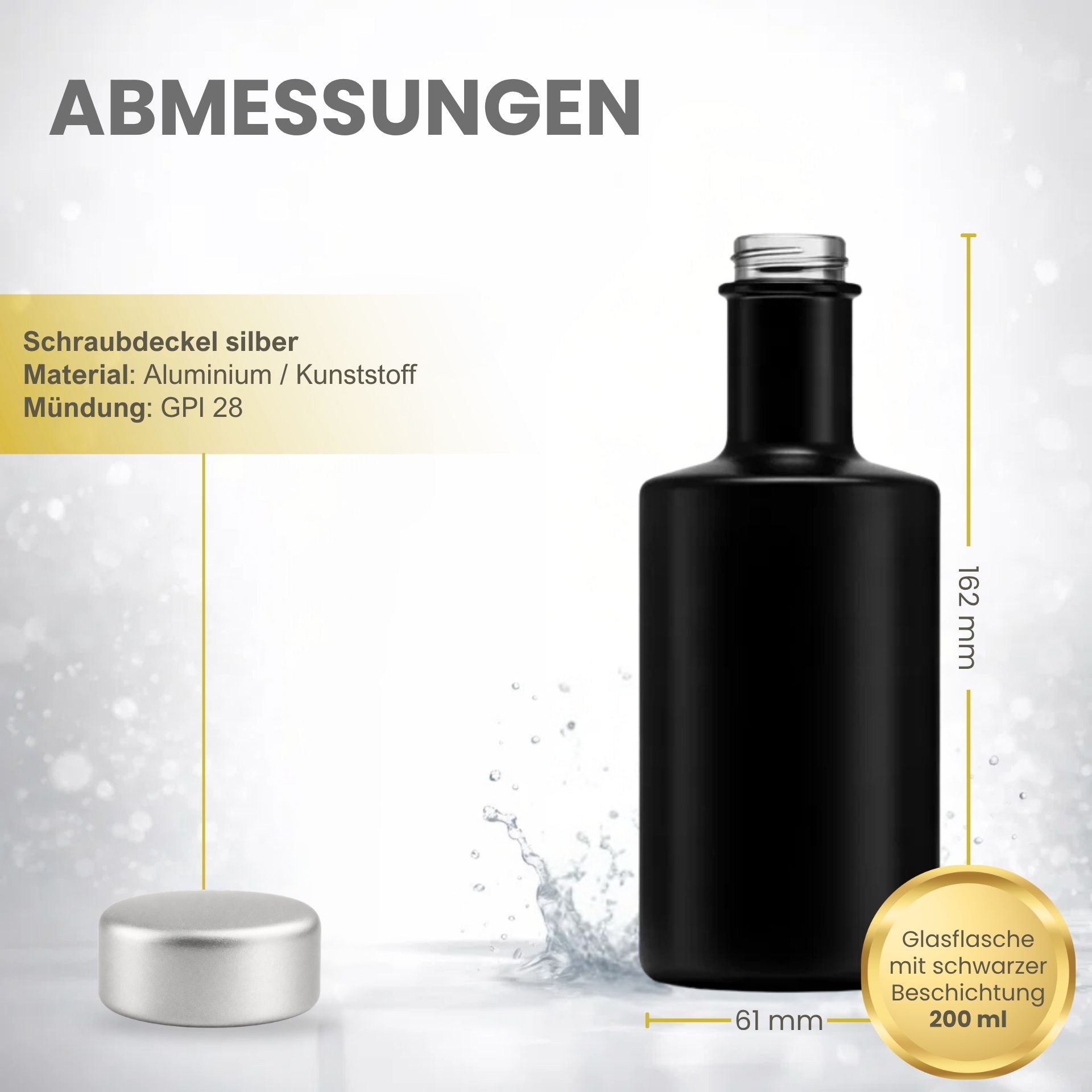Schwarze 200-ml-Glasflasche – Hochwertige Glasverpackung für Getränke oder Kosmetikprodukte, ideal für stilvolle Aufbewahrung und Präsentation.