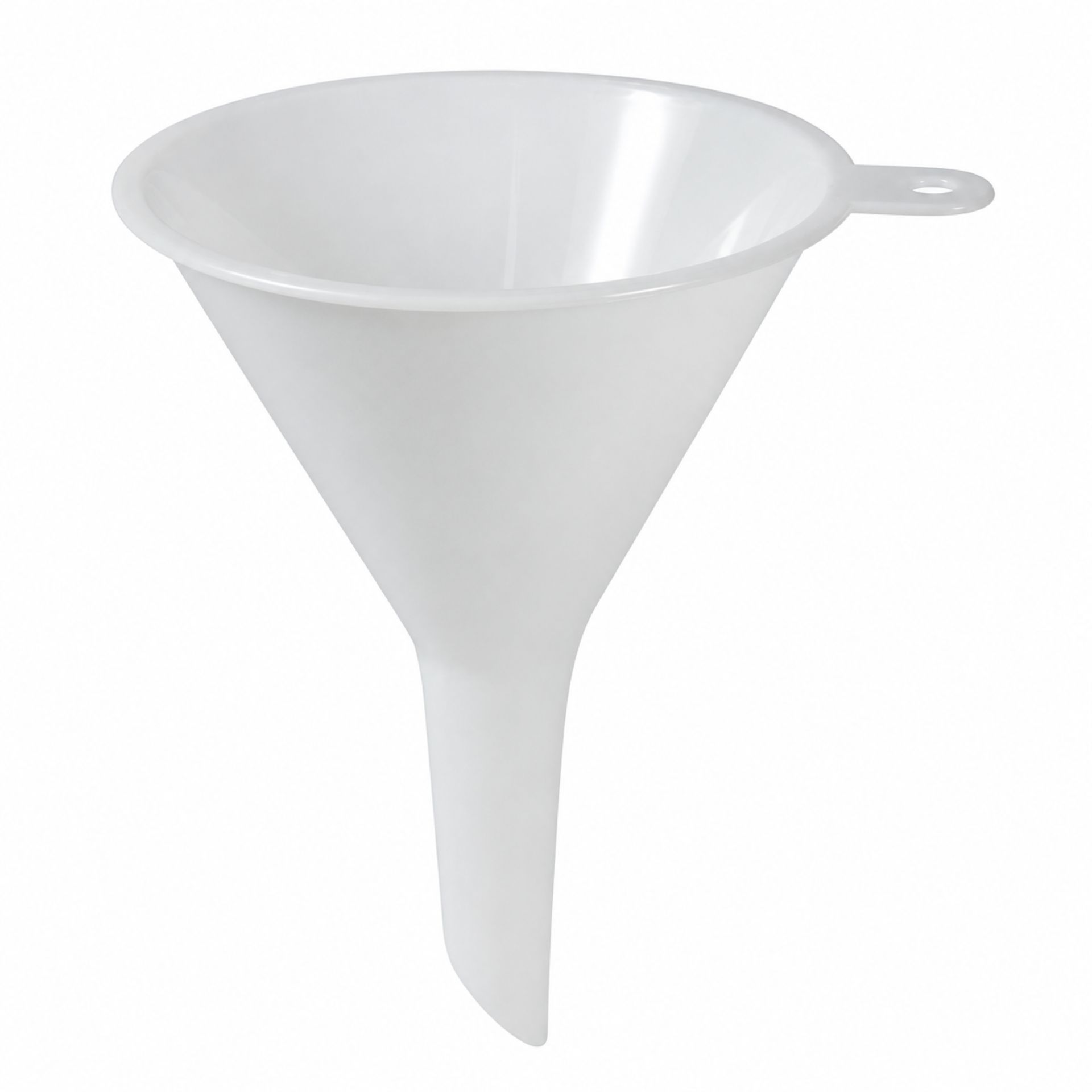 Trichter aus weißem Kunststoff mit einem Durchmesser von 7 cm, ideal als Einfülltrichter für Flüssigkeiten und Pulver, auf weißem Hintergrund.