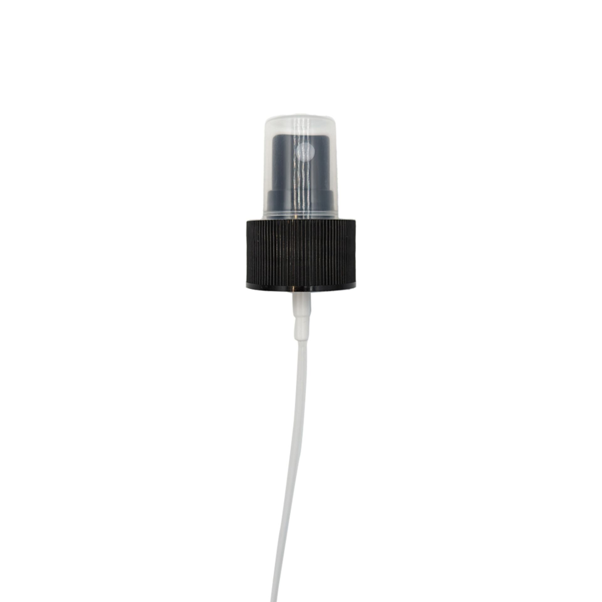 Sprühflasche 500 ml Glas braun mit Zerstäuber Schwarzer Sprühaufsatz aus Kunststoff mit PP28-Gewinde, passend für Flaschen; Seitenansicht mit abgeknicktem Sprühröhrchen, vor weißem Hintergrund.