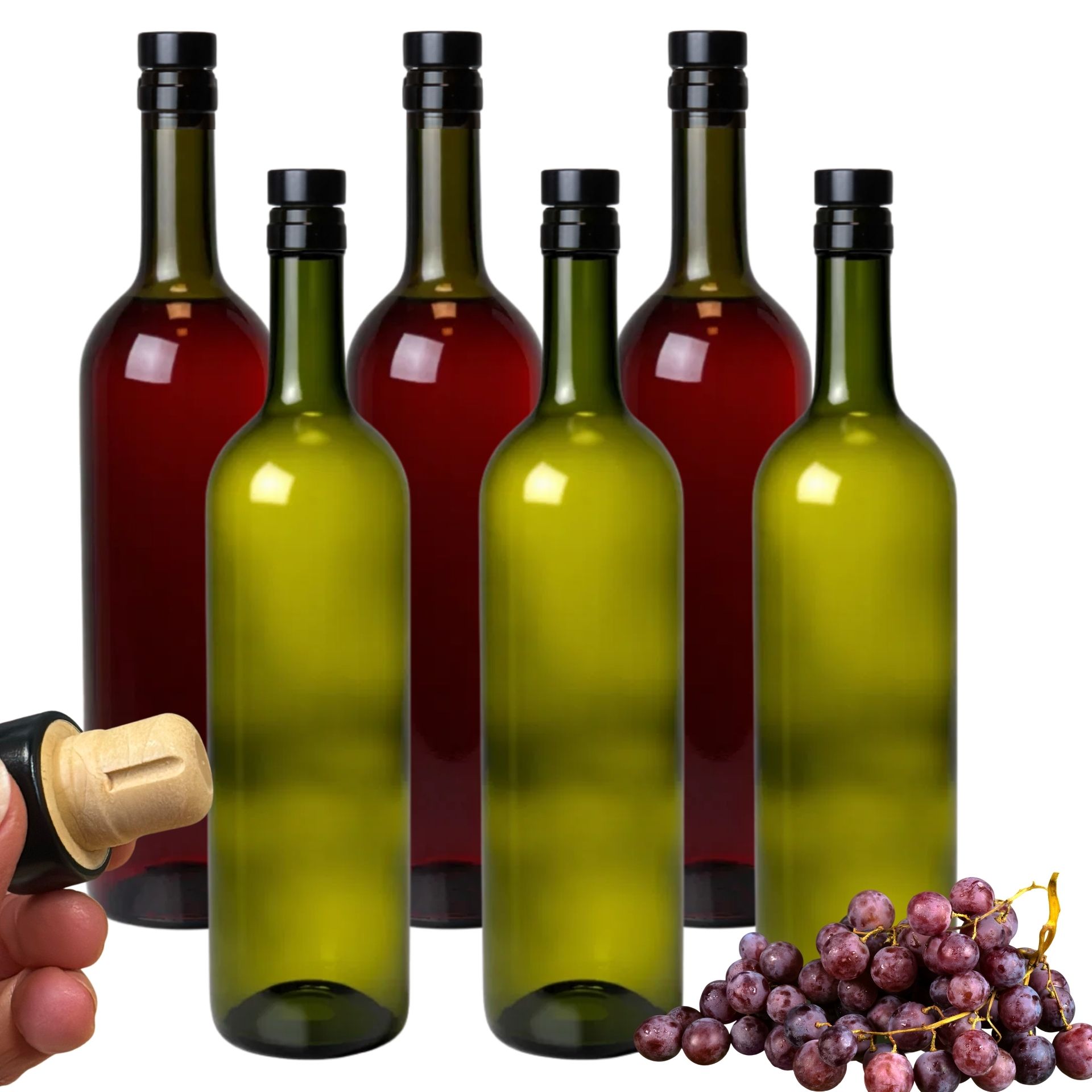Weinflaschen grün Set 6x750 ml mit Korken Schwarz