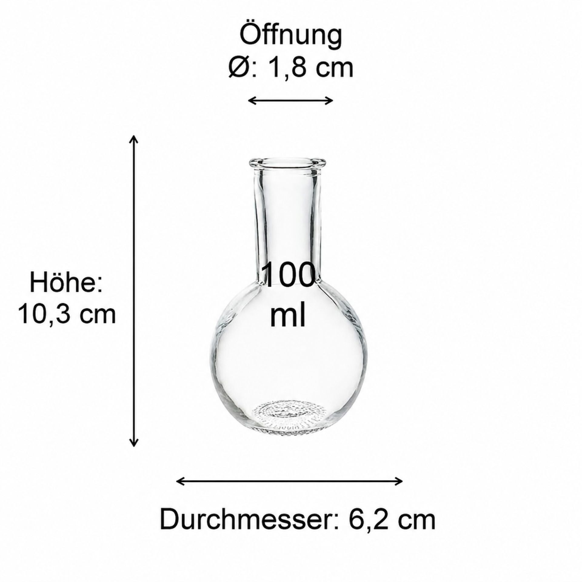 Bild von einer braunen Glasflasche und einem transparenten glasartigen Gefäß, präsentiert auf einer grauen Hintergrundfläche mit klaren Produktdimensionen und Maßangaben; perfekte visuelle Darstellung für Online-Shops rund um Glasflaschen, Trinkgläser und