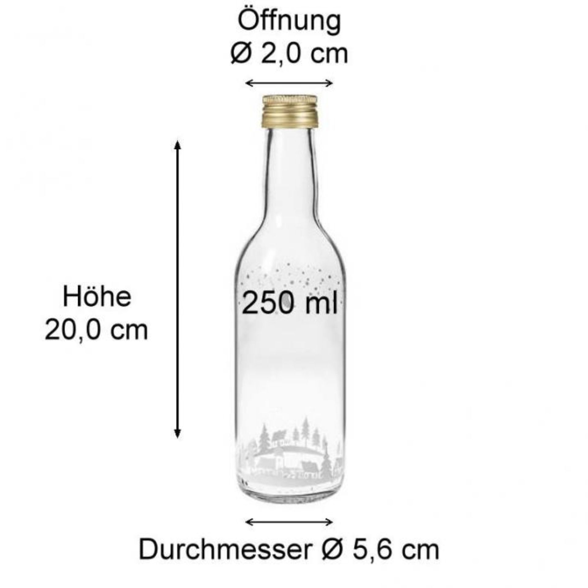 Glasflasche 250 ml mit Winterlandschaftsdesign und Deckel, ideal für Getränke oder Dekoration, erhältlich in verschiedenen Varianten.