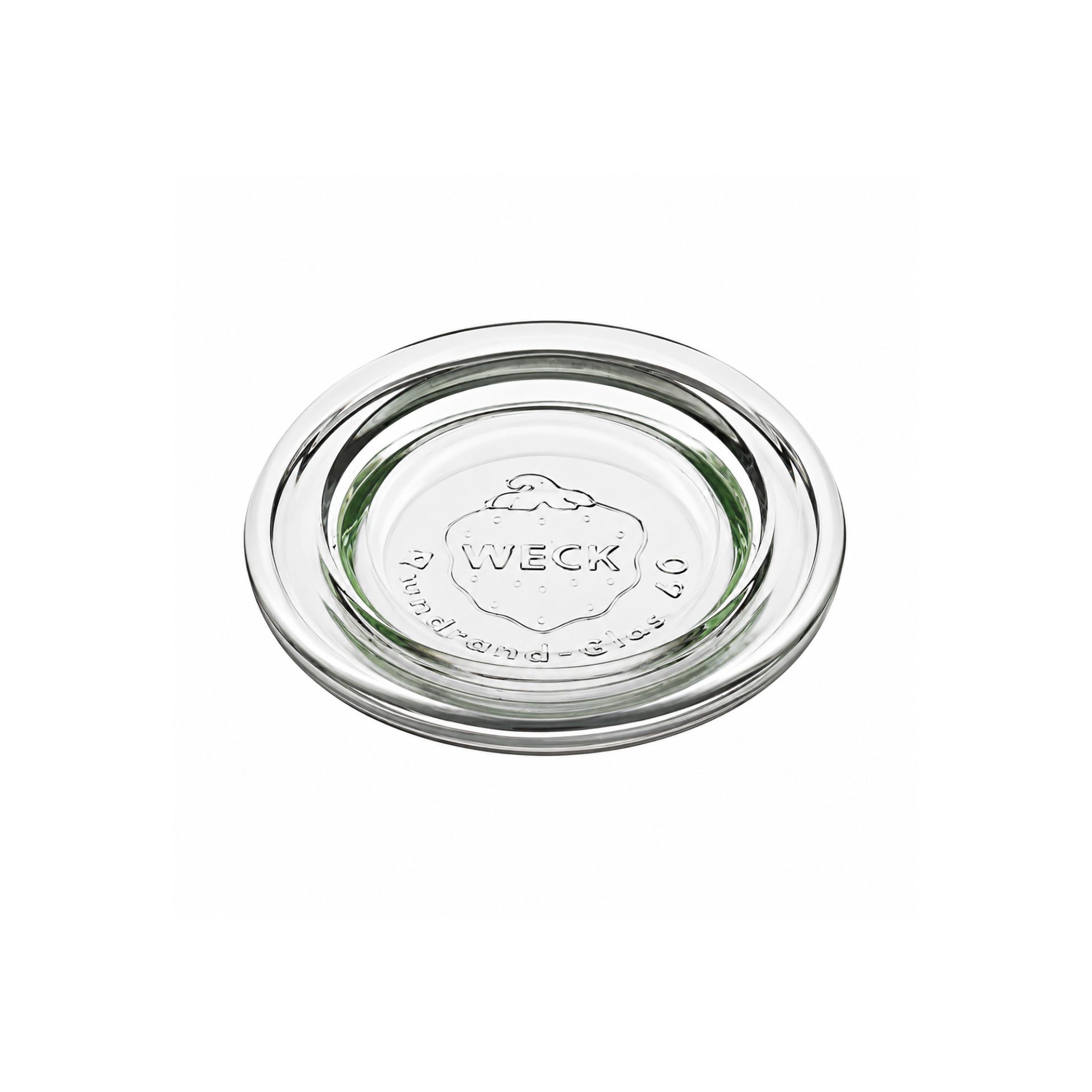 Transparenter WECK-Glasdeckel mit 4 cm Durchmesser für Rundrandgröße RR 40, aus klarem Glas, flach und rund, mit geprägtem WECK-Logo in der Mitte.