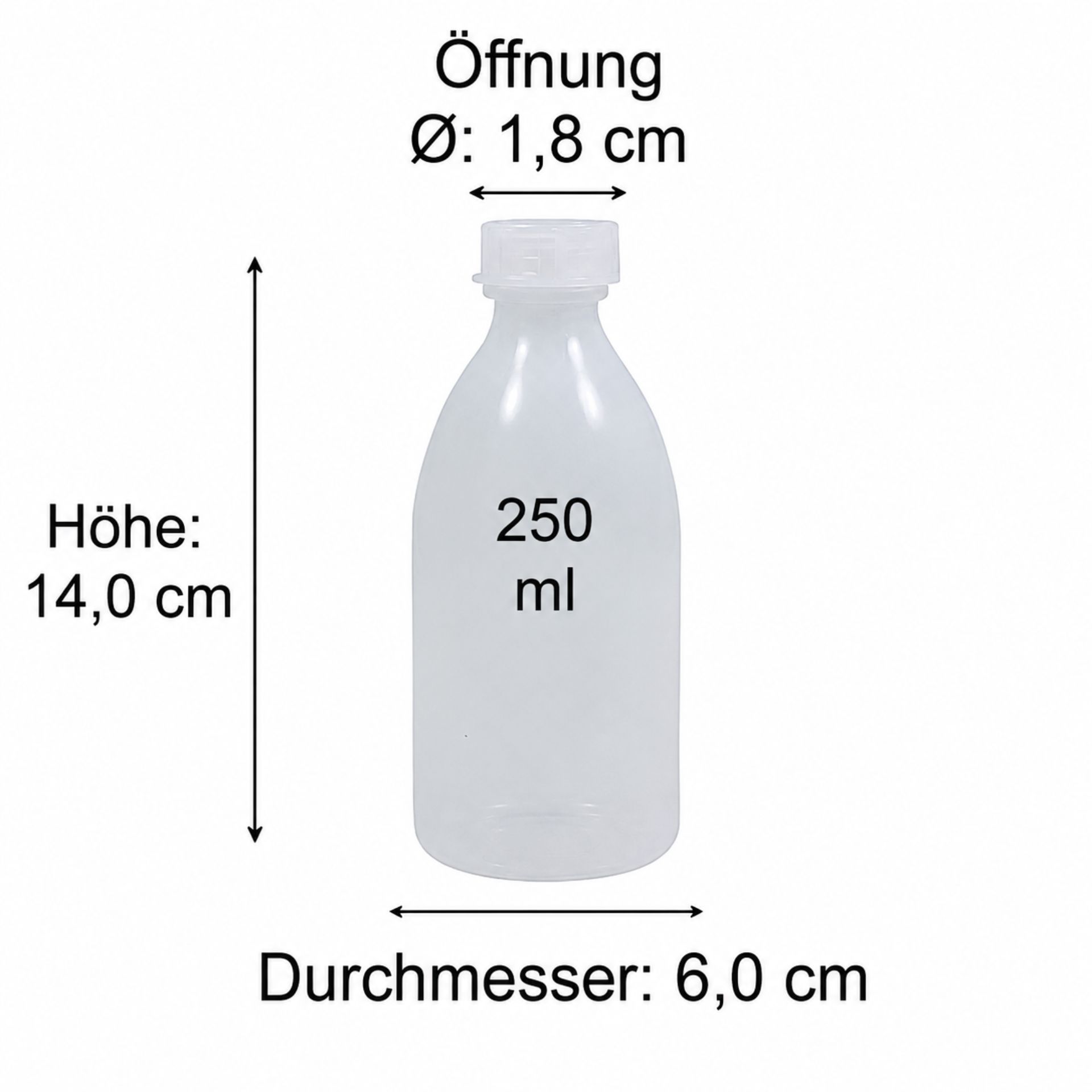 Produktbild einer transparenten Glasflasche mit blauer Schraubkappe, Modellnummer VI9100KH250, dargestellt mit Größenangaben und Maßlinien auf weißem Hintergrund.
