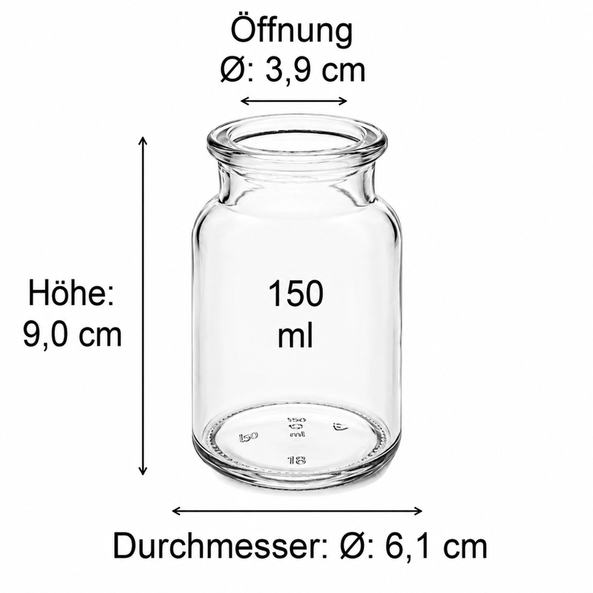 Produktabbildung einer klaren Glasflasche mit Drehverschluss und detaillierten Maßen, ideal für Getränkeflaschen, chemische Flüssigkeiten oder Kosmetikprodukte, auf weißem Hintergrund dargestellt.