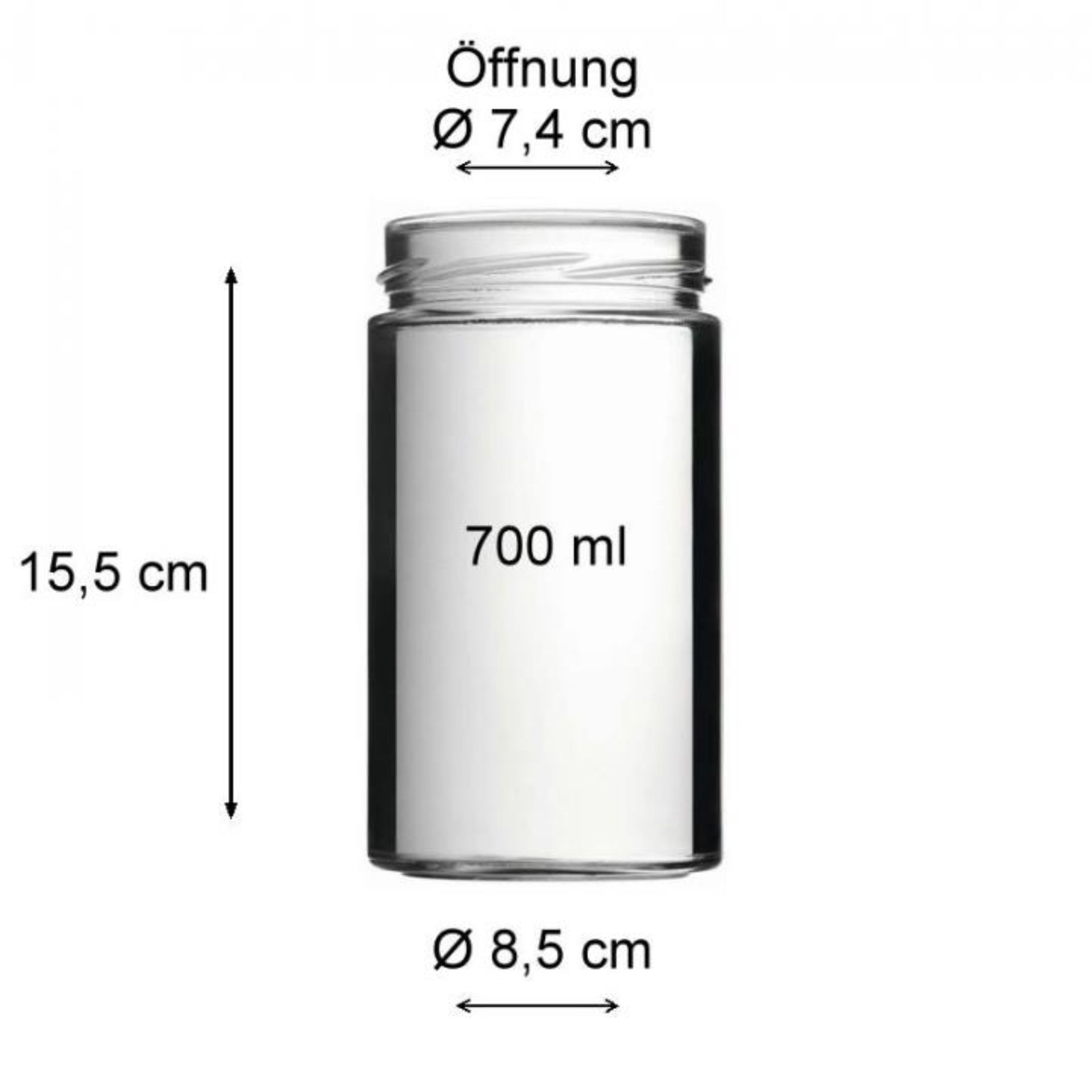 Vorratsglas aus transparentem Glas mit einem Fassungsvermögen von 700 ml, befüllt mit roten Linsen; das Glas hat einen weißen, luftdicht schließenden Deckel mit blauer Dichtung, steht aufrecht auf weißem Hintergrund.