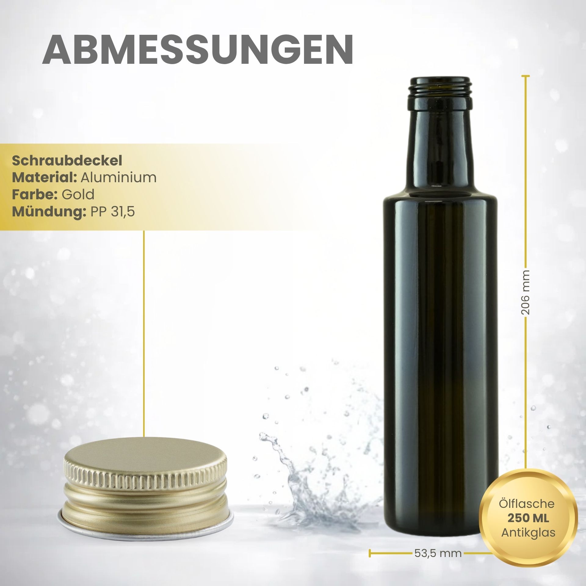 Glasflasche 500 ml rund braun Ölflasche Deckel Gold
