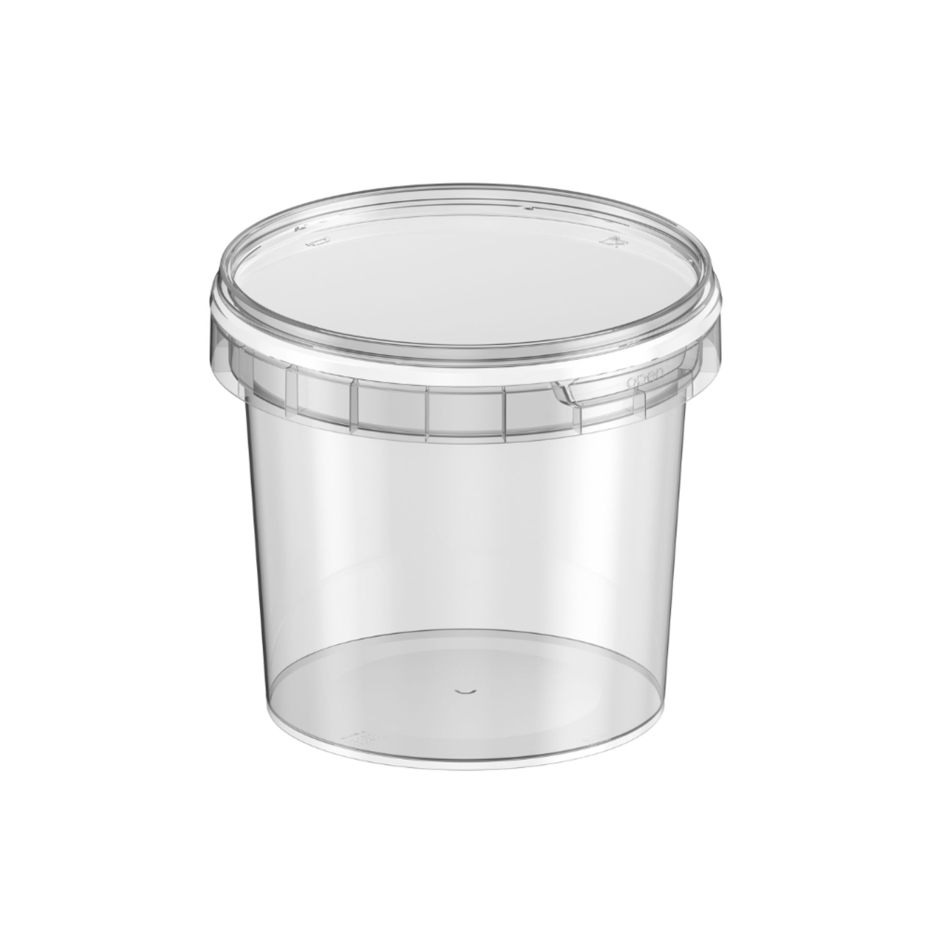 Transparenter Feinkostbecher aus Kunststoff mit 365 ml Fassungsvermögen, inklusive passendem klarem Deckel, vor weißem Hintergrund.
