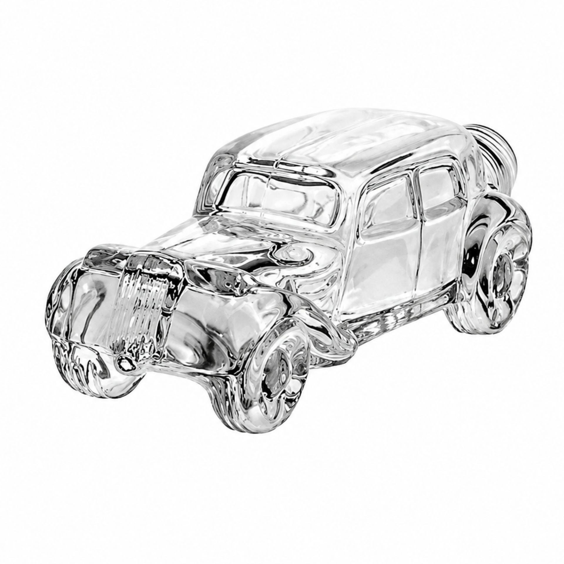 Klare 200-ml-Glasflasche im Oldtimer-Stil mit silberfarbenem Schraubdeckel, stehend auf weißem Hintergrund.