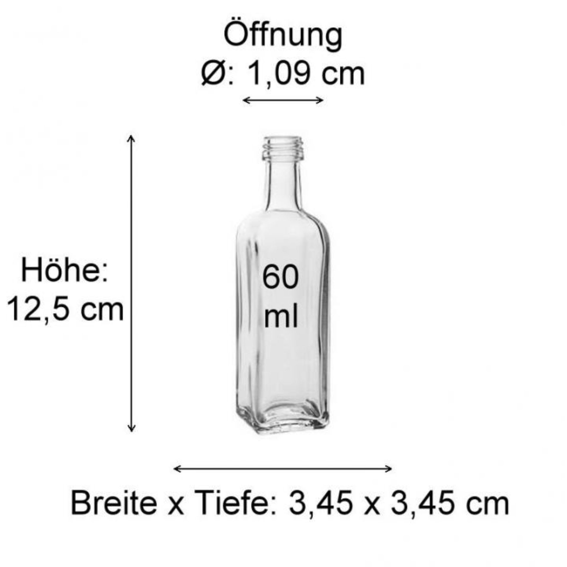 Ein 60 ml viereckiges Glasgefäß mit transparentem Design, ideal für das stilvolle Abfüllen von Flüssigkeiten und Lebensmitteln, auf einem hellen Hintergrund präsentiert.