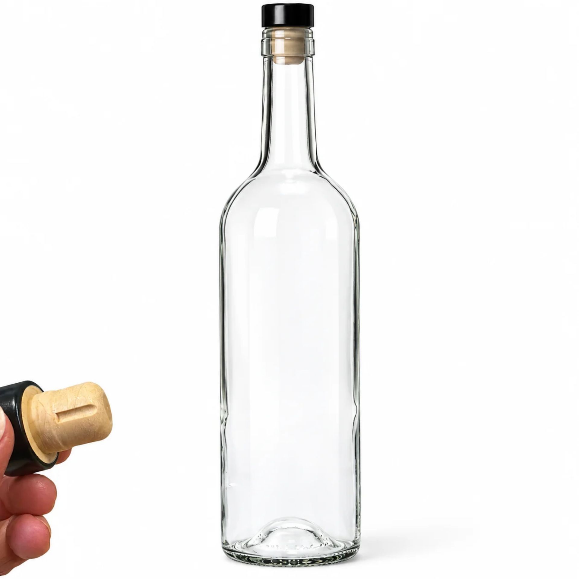 Glasflasche 750 ml mit PE Griffkorken schwarz
