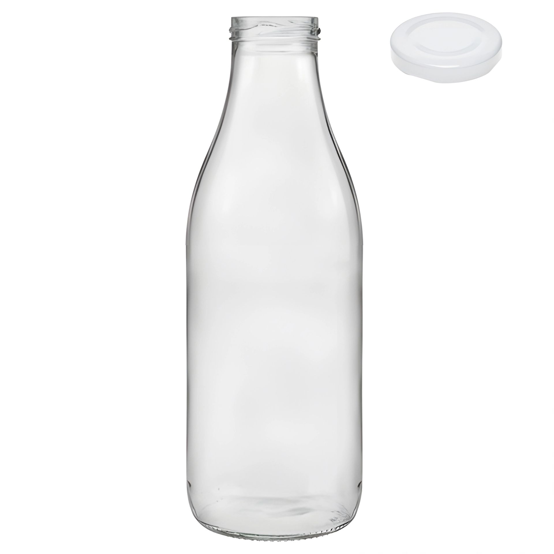 Sechs leere, transparente Glasflaschen mit Kronkorkenverschluss in zwei Reihen angeordnet; sie stehen auf einer weißen Oberfläche vor neutralem Hintergrund.