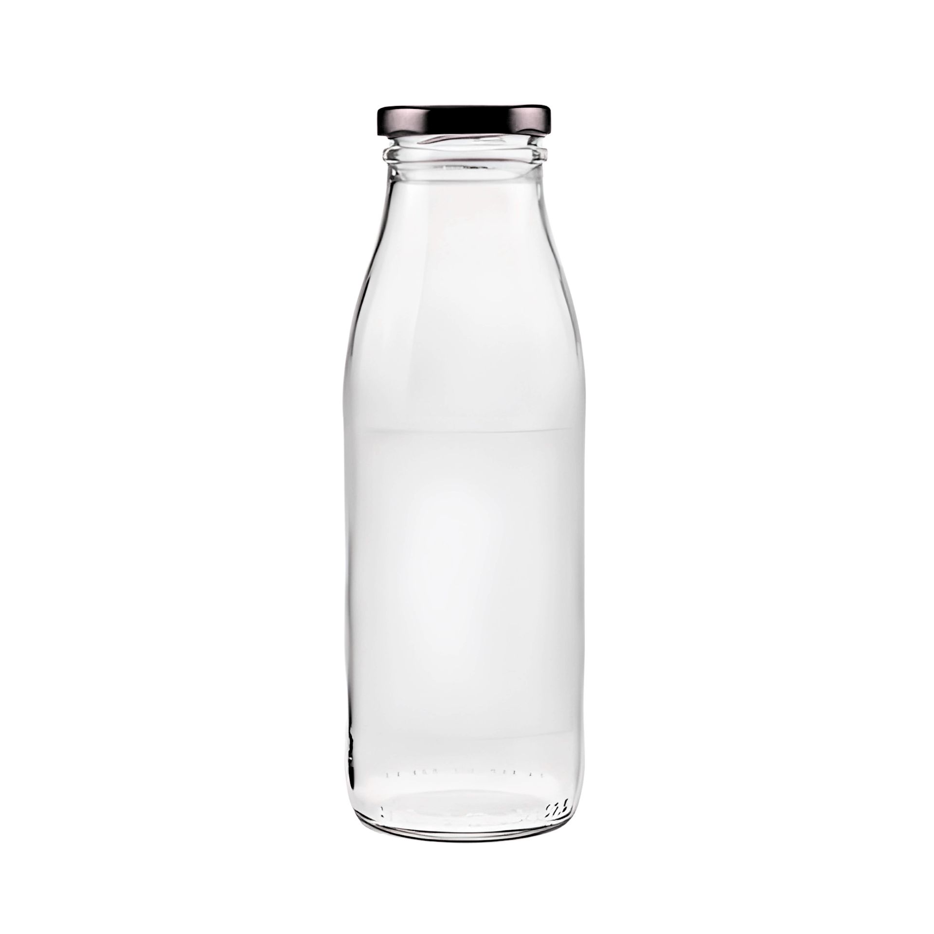 Ein schwarzes Einmachglas mit Schraubdeckel, aus Glas gefertigt, in zylindrischer Form, auf weißem Hintergrund stehend.