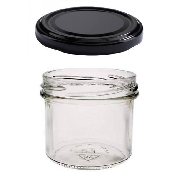 Einmachglas 125 ml Sturzglas mit schwarzem Deckel auf weißem Hintergrund – ideal für das Konservieren von Lebensmitteln