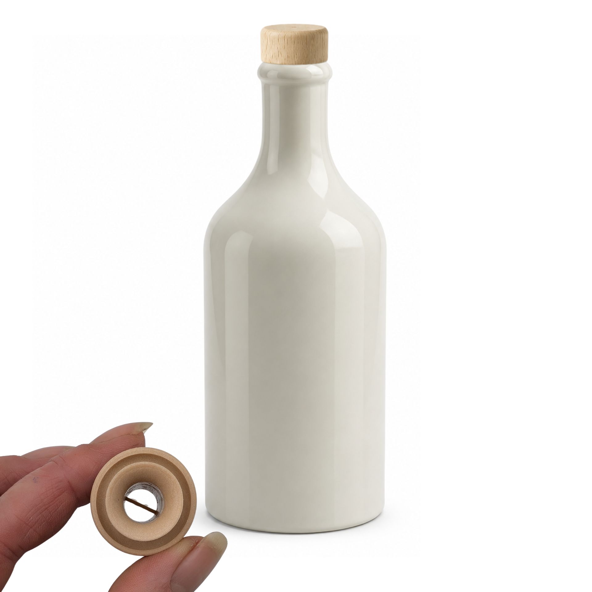 Ölflasche 500 ml Steingut Cremeweiß mit Ausgießer und Holzkappe