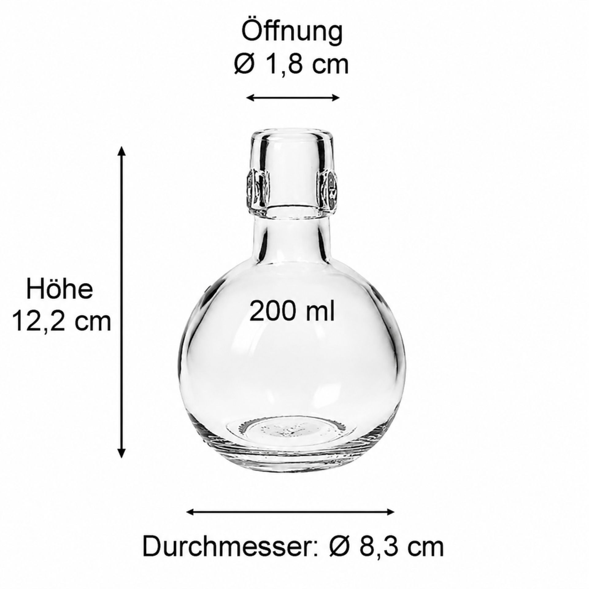 Glasflasche 200 ml in Kugelform mit Bügelverschluss auf weißem Hintergrund, abgebildet im Online-Shop Flaschen Gläser und Dosen.