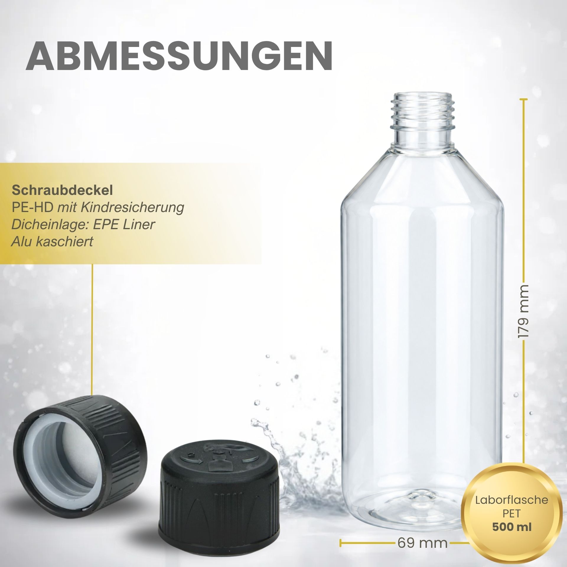 PET Flasche 500 ml Laborflasche Klar Kunststoff mit Schraubdeckel (Kisi)