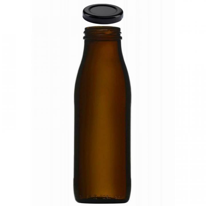 500-ml-braune-Glasflasche-mit-Schwarzverschluss-Produktbild Braune 500-ml-Glasflasche mit schwarzem Schraubverschluss, stehend vor weißem Hintergrund.