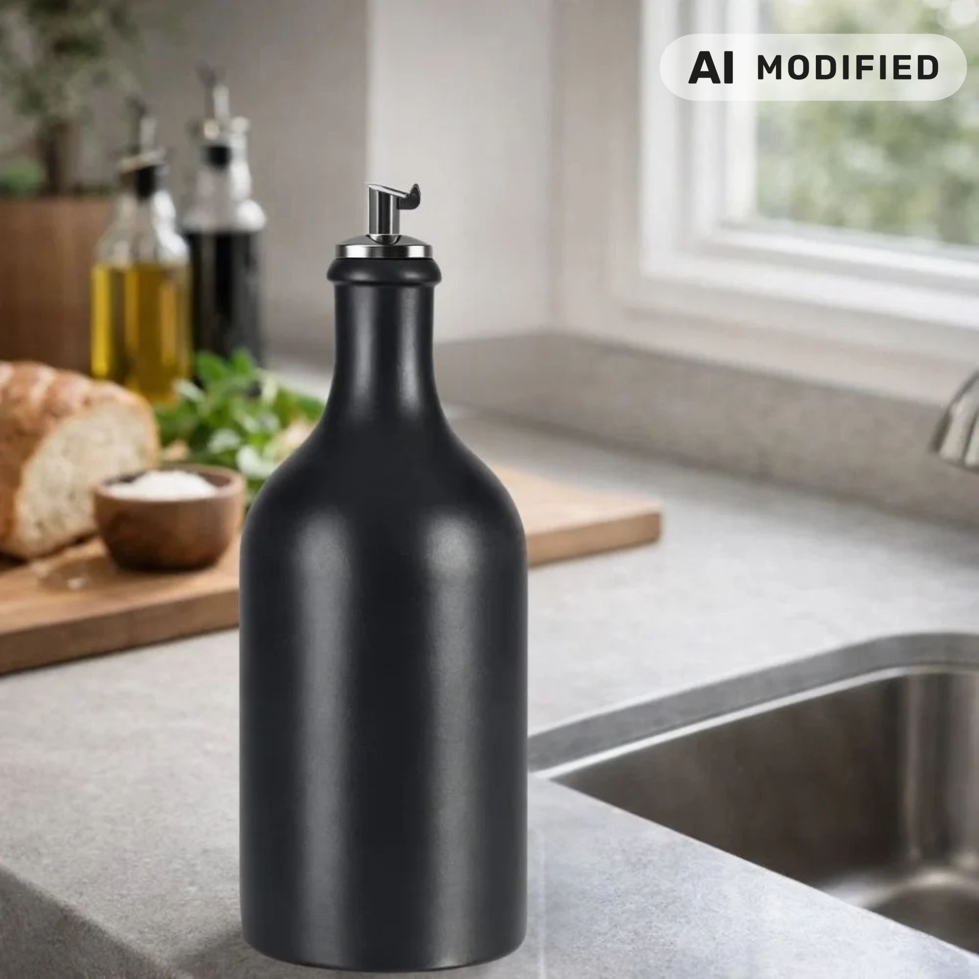 Ölflasche 500 ml Steingut schwarz mit Edelstahl-Ausgießer tropffrei