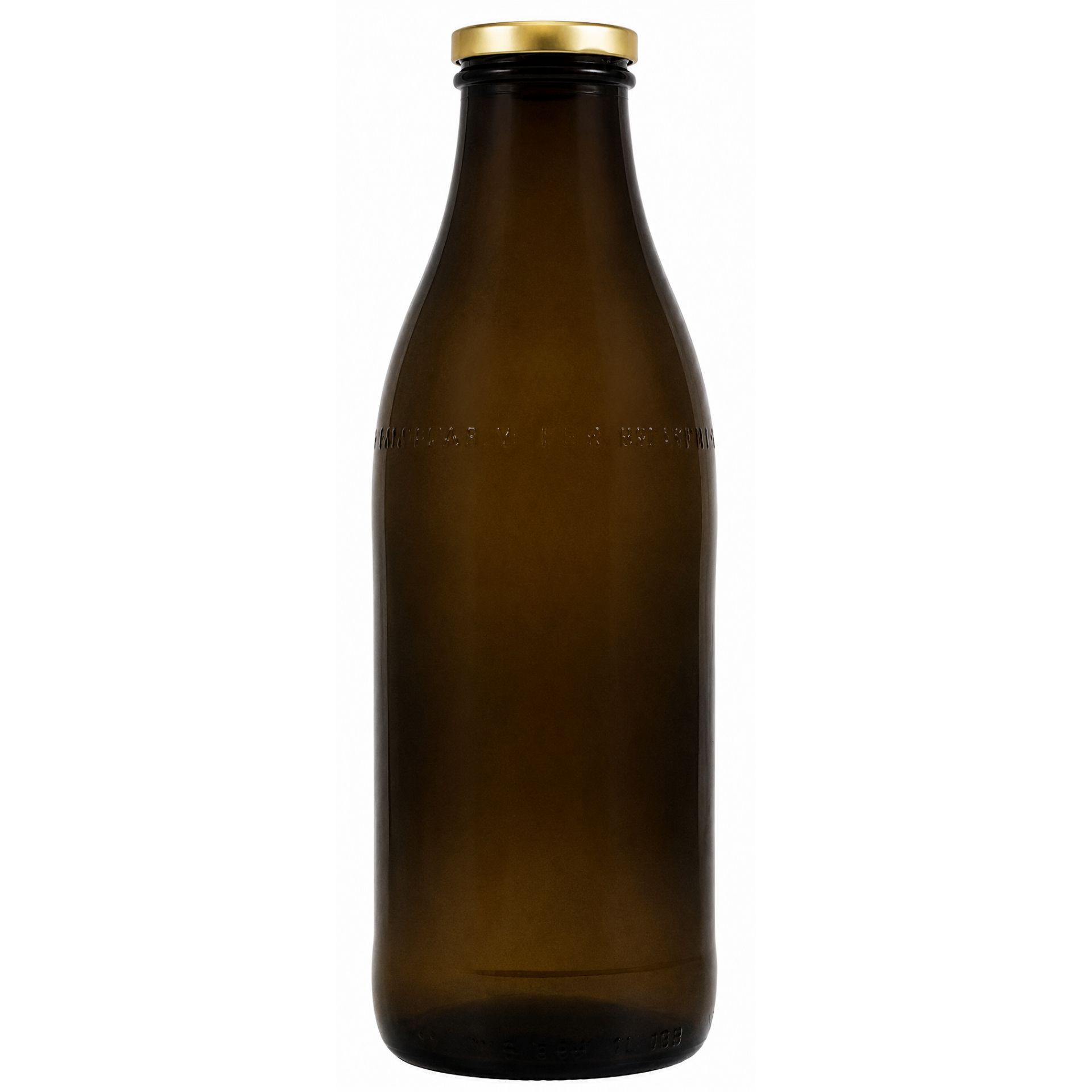 Braune Glasflasche 1000 ml, ideal als dekorative Milchflasche, mit hochwertigem gold-silbernem Deckel für optimale Dichtigkeit. Perfekt für Getränke, Säfte oder zum nachhaltigen Abfüllen und Lagern von Flüssigkeiten in stilvollem Design.