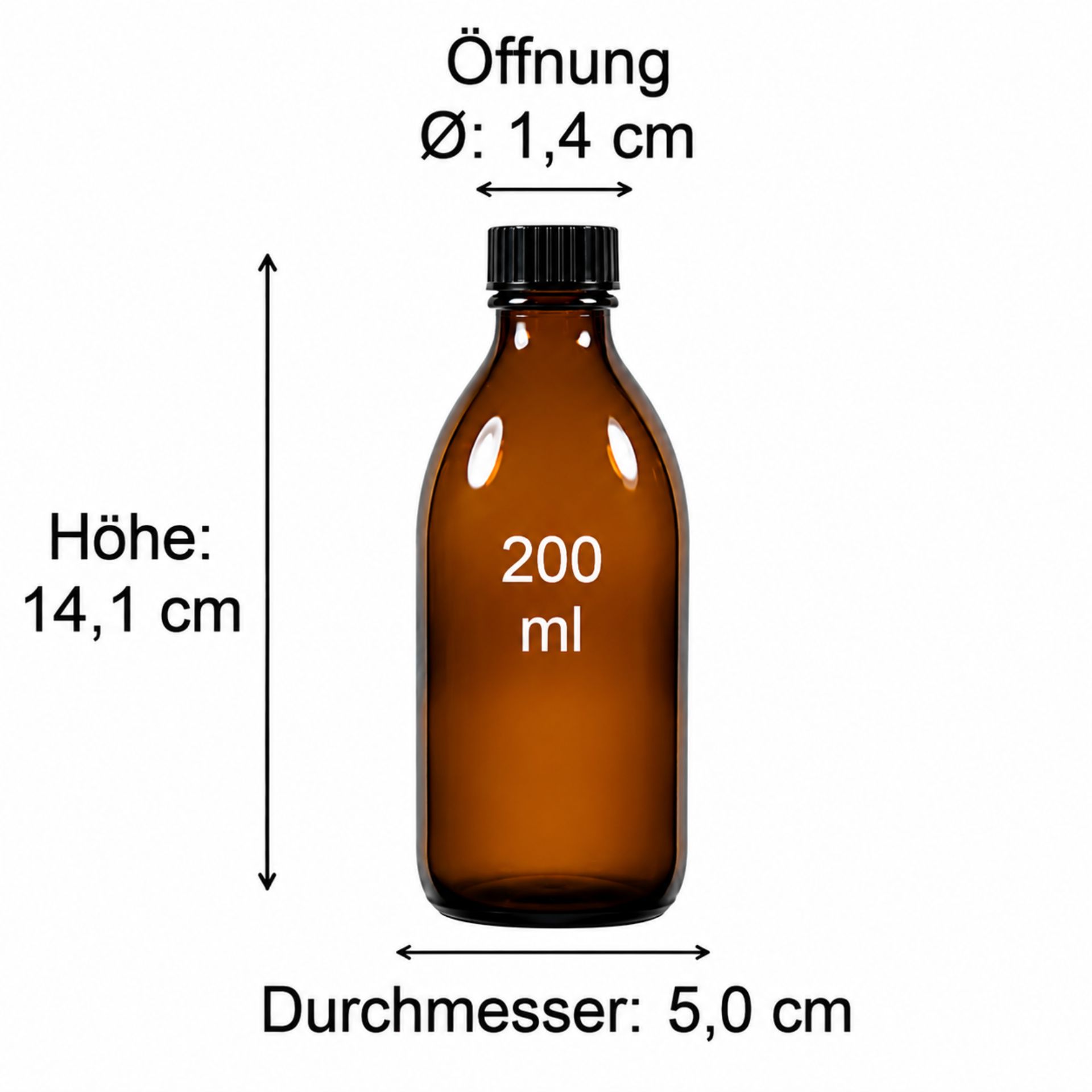 Bild von einer viereckigen grünen Glasflasche, die aus recyceltem Material hergestellt ist, mit den Maßen 200ml angezeigt in Milimetern: Höhe 175mm, Breite 56mm, Tiefe 56mm; ideal für Spirituosen, Essig oder Öl.