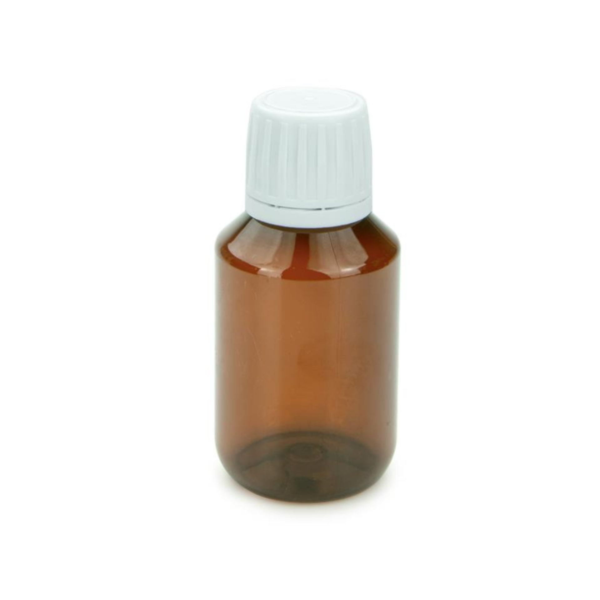 Apothekerflasche aus braunem Glas mit weißem Ausgießer, 100 ml Fassungsvermögen, vor weißem Hintergrund.