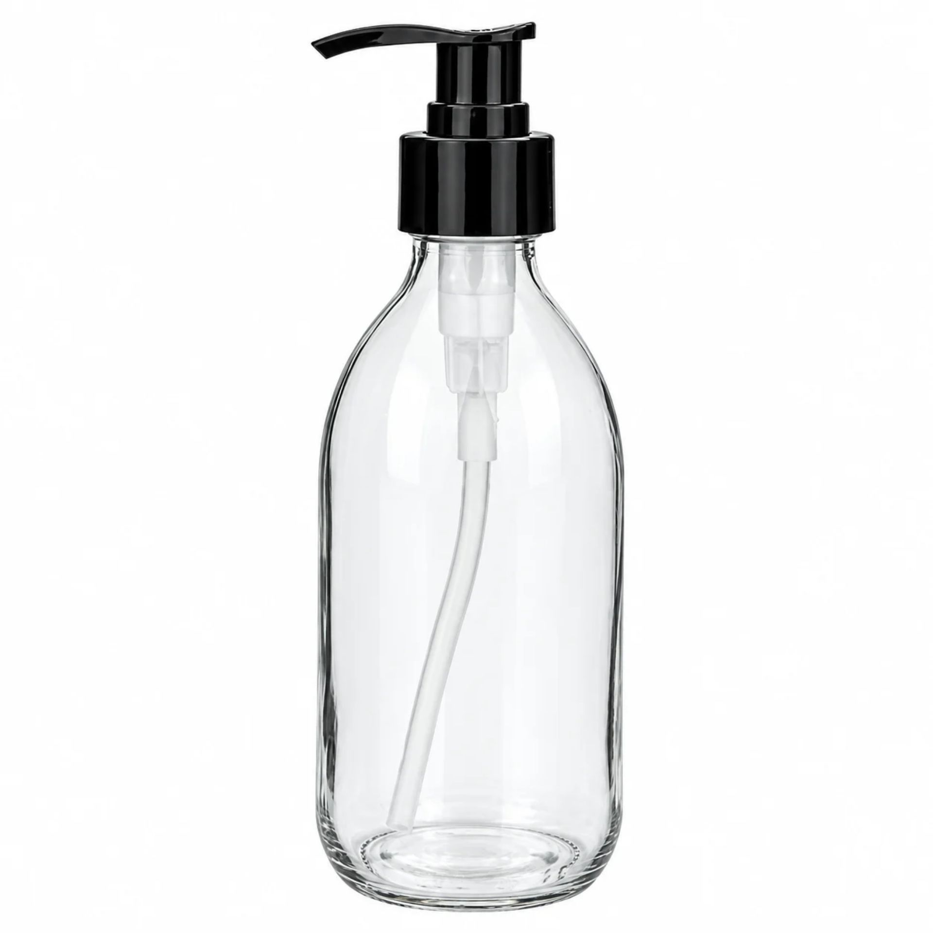 Transparenter 250-ml-Seifenspender aus Kunststoff mit schwarzem Pumpspender, vor weißem Hintergrund.