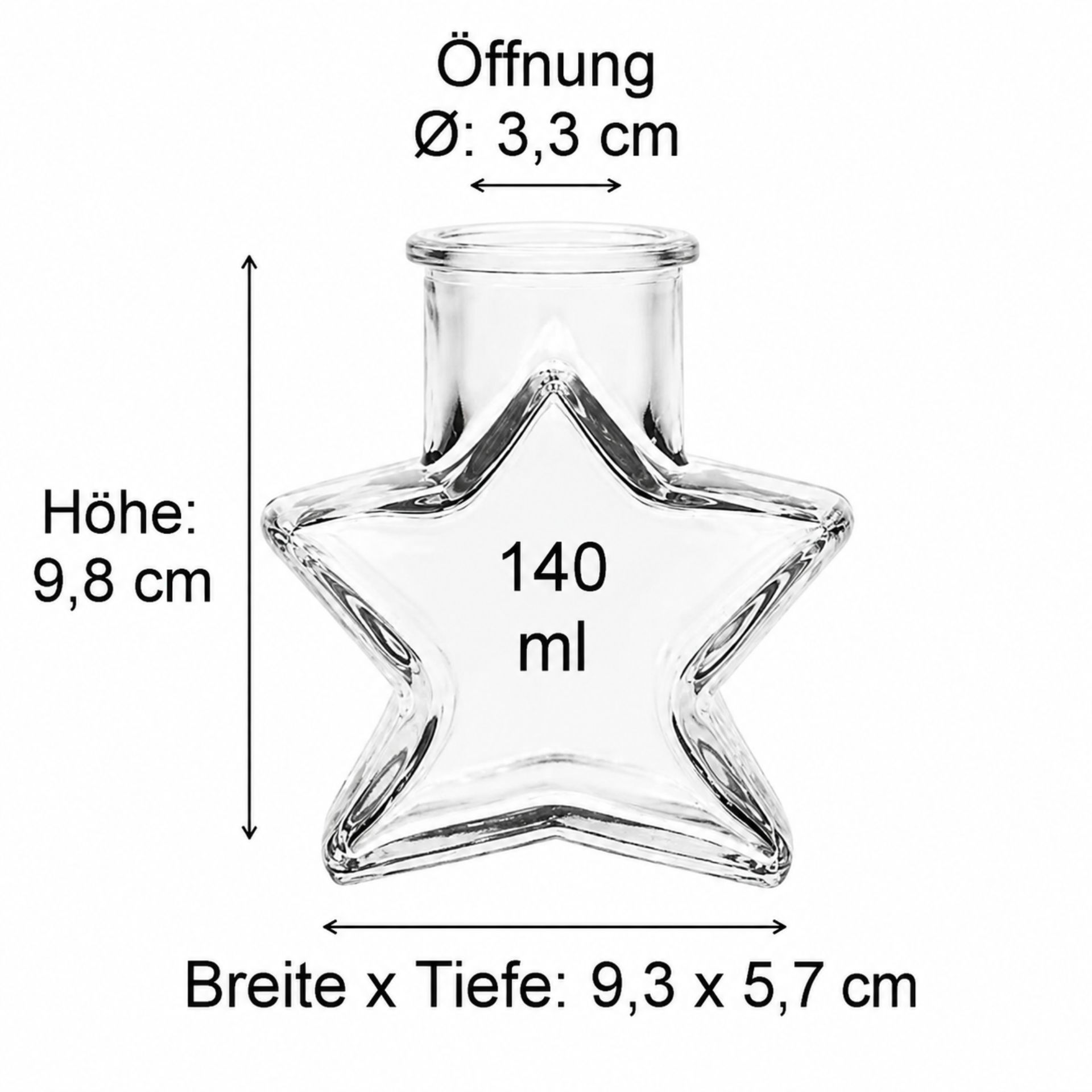 Produktfoto eines sternförmigen Glasgefäßes mit einem Fassungsvermögen von 140 ml, dargestellt auf einem neutralen Hintergrund; ideale Verpackung für kreative Präsentationen von Lebensmitteln oder Getränken.