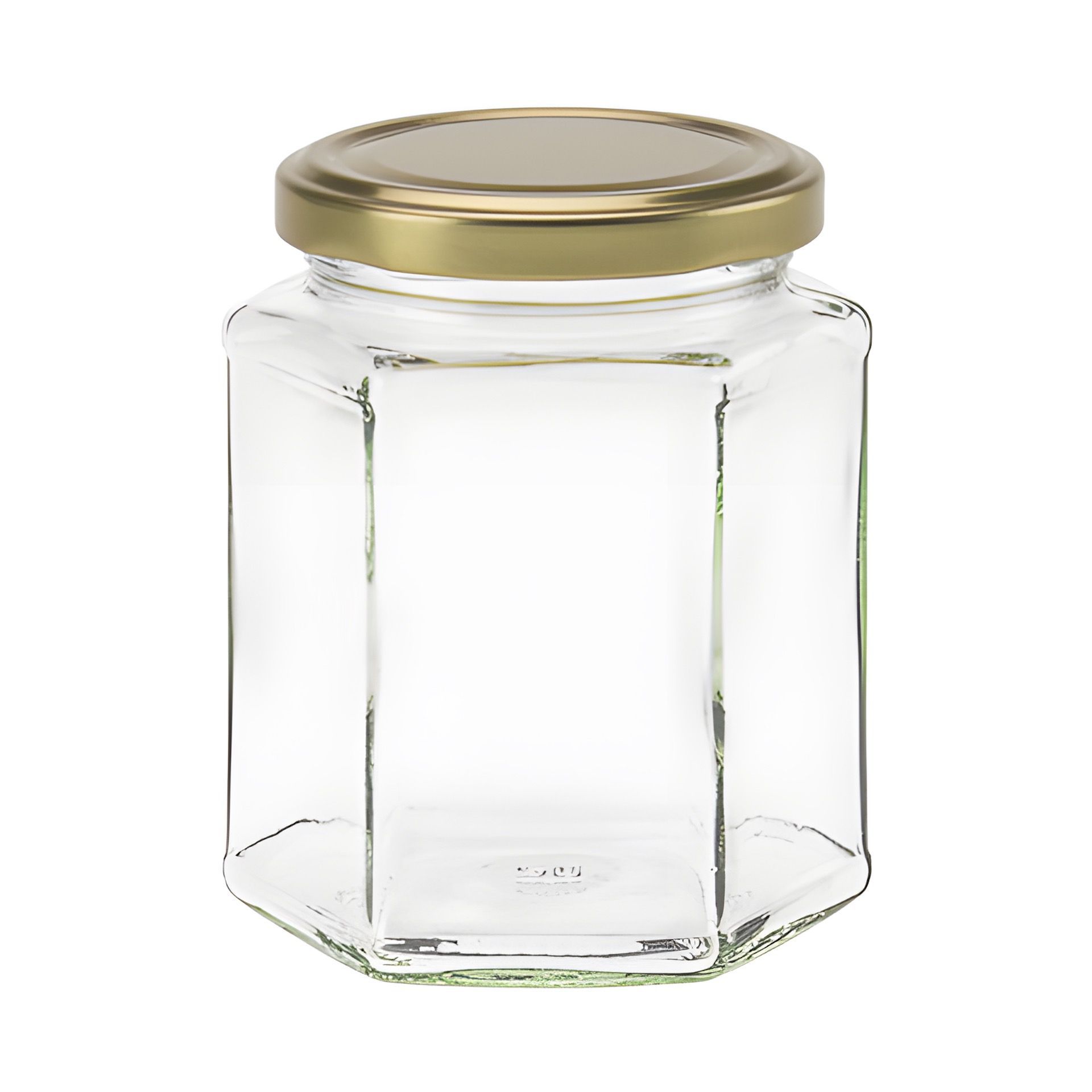 Ein sechseckiges Einmachglas mit einem Volumen von 324 ml, abgebildet mit einem verschlossenen Deckel. Perfekt geeignet für die Aufbewahrung von hausgemachten Marmeladen, Gewürzen oder anderen Konserven.
