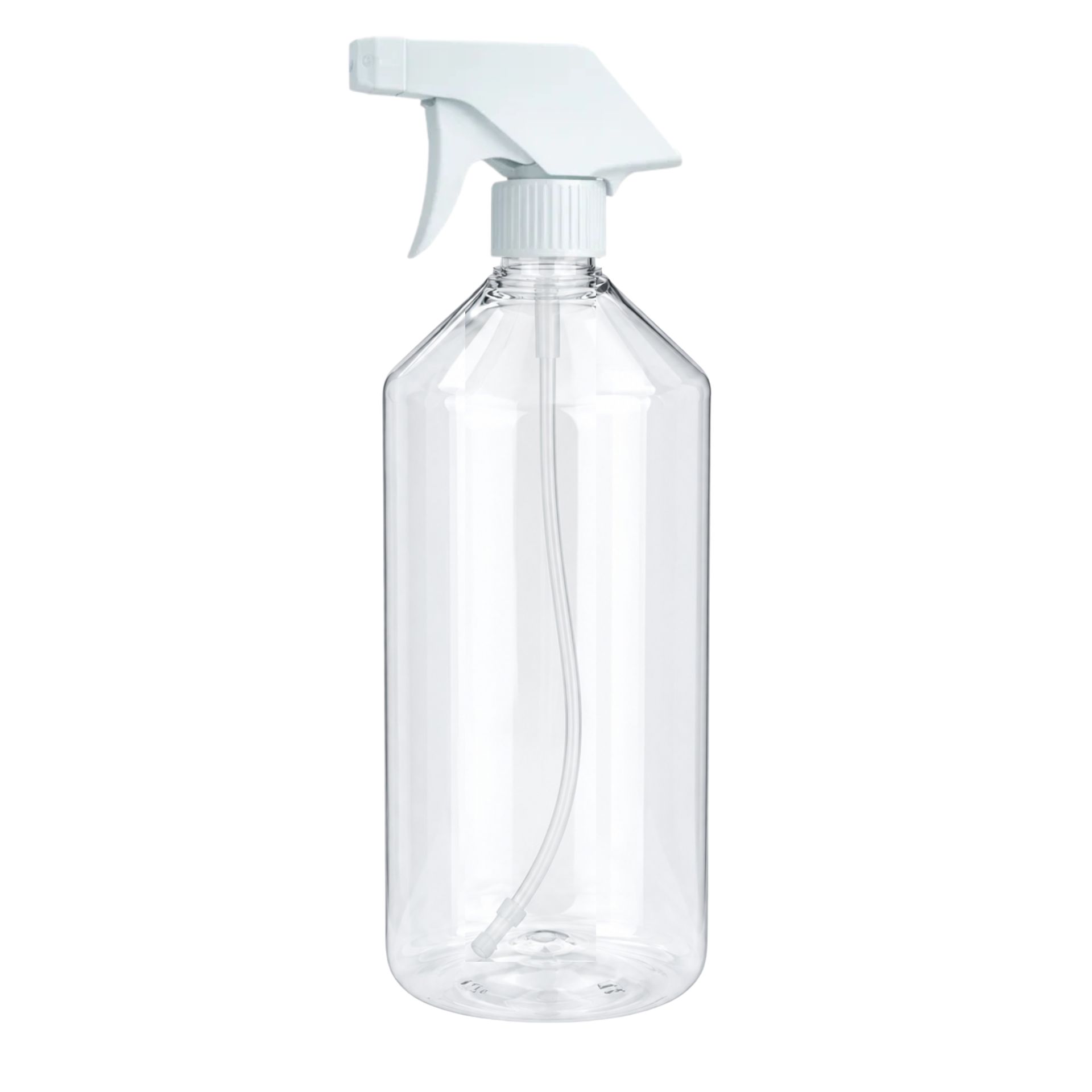 Transparente Laborflasche aus klarem PET-Kunststoff mit Sprühaufsatz, stehend auf weißem Hintergrund.