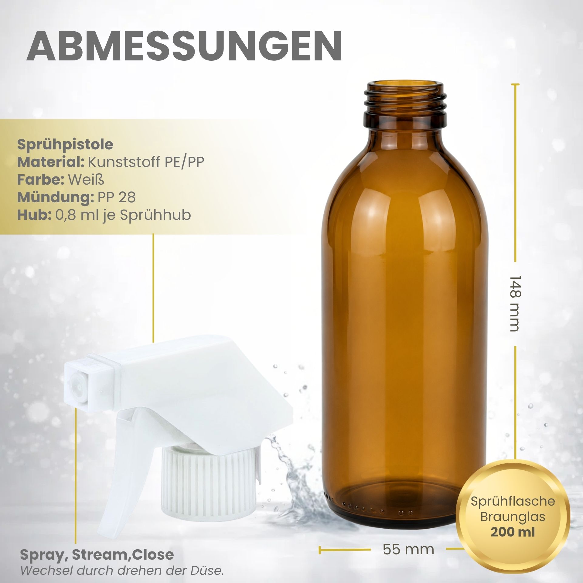 Sprühflasche  200 ml Glas braun mit Trigger