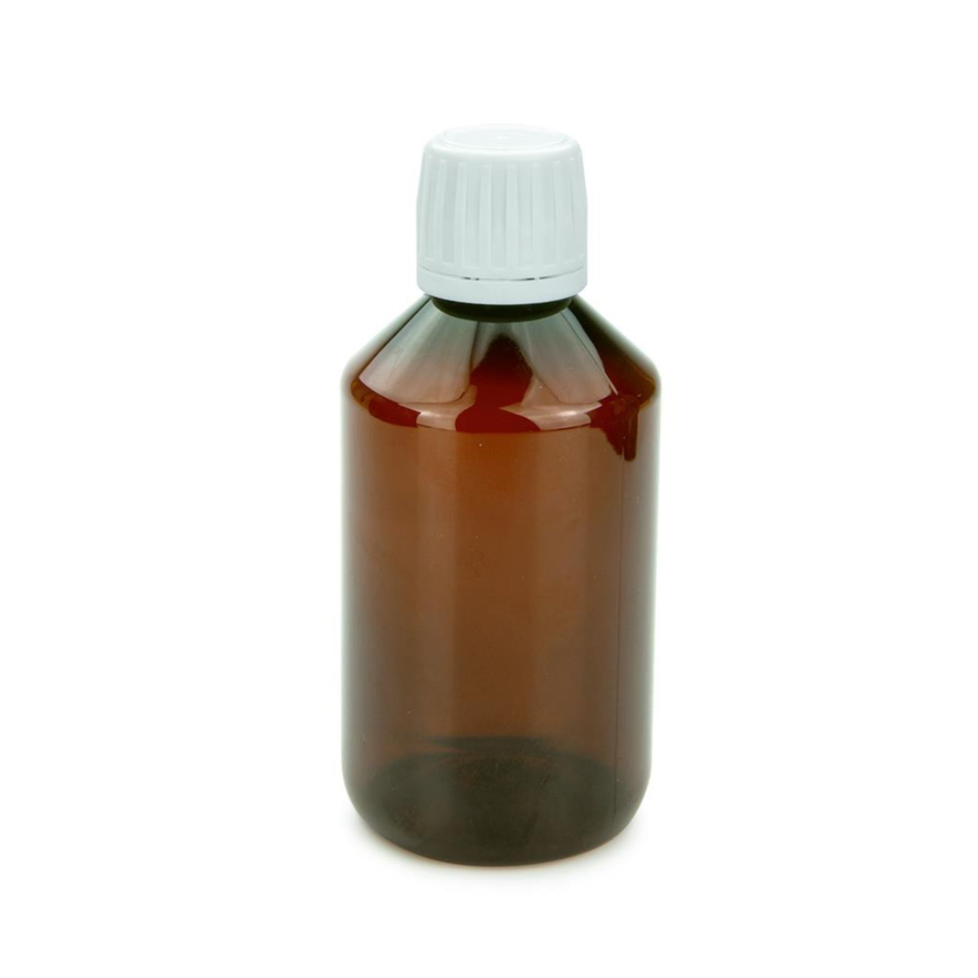 Transparente 250-ml-Apothekerflasche aus PET-Kunststoff mit weißem Ausgießverschluss und PP28-Gewinde, stehend vor weißem Hintergrund.