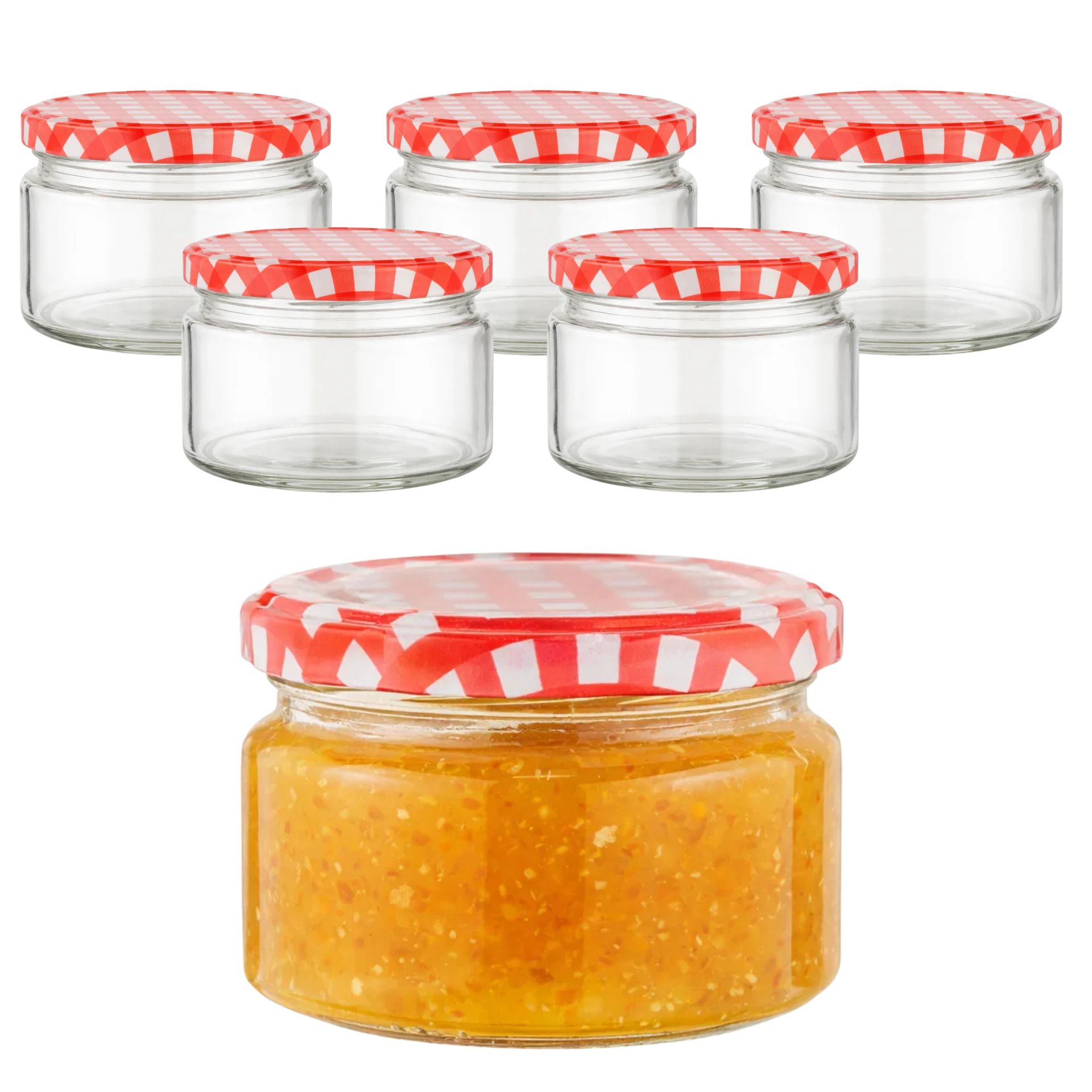 Einmachgläser 6x250 ml mit Schraubdeckel rot-weiss kariert
