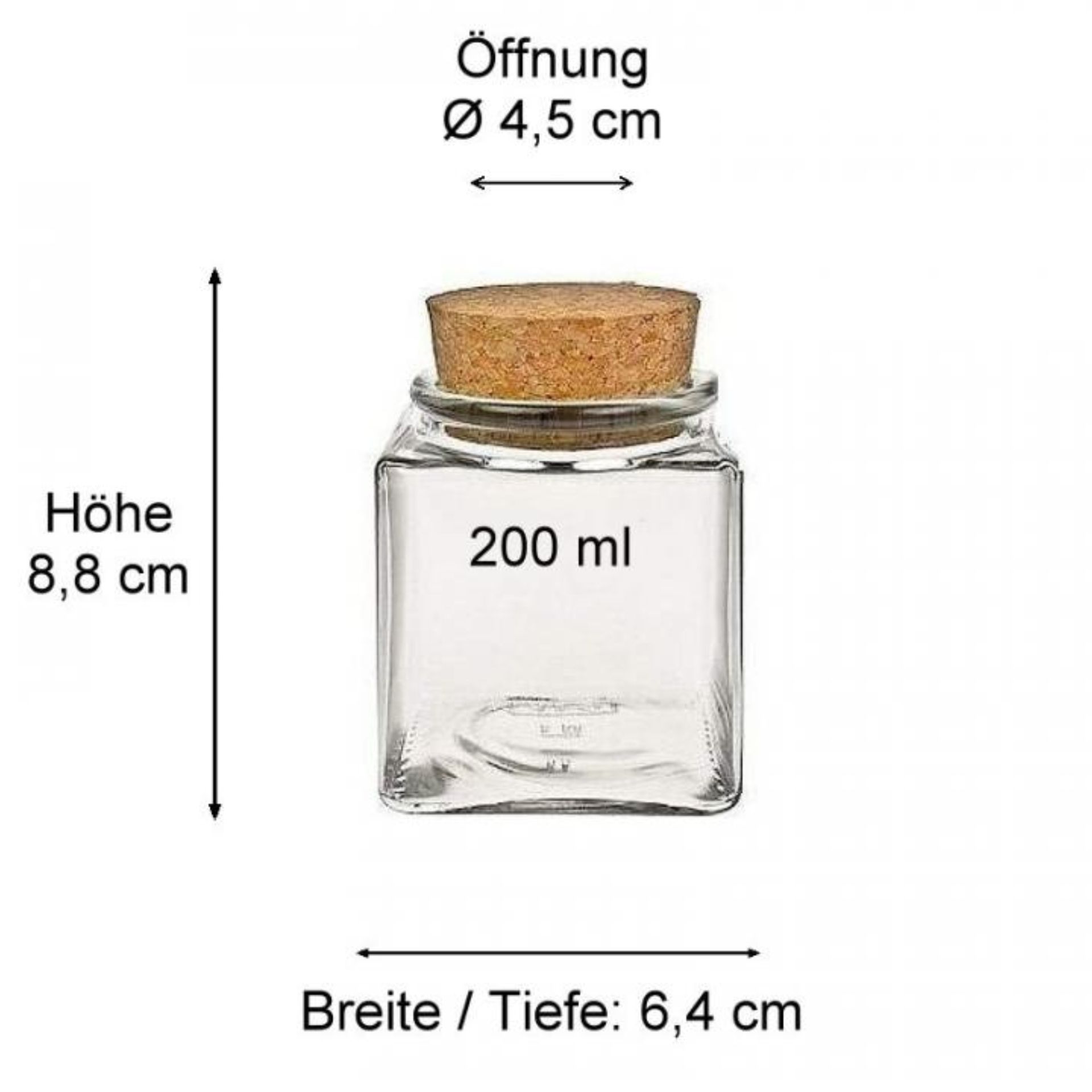 Eckiges 200 ml Vorratsglas mit Korken, ideal für die Aufbewahrung von Lebensmitteln, ansprechendes Korkenglas-Design, perfekt für Küche und Haushalt, Produktbild.