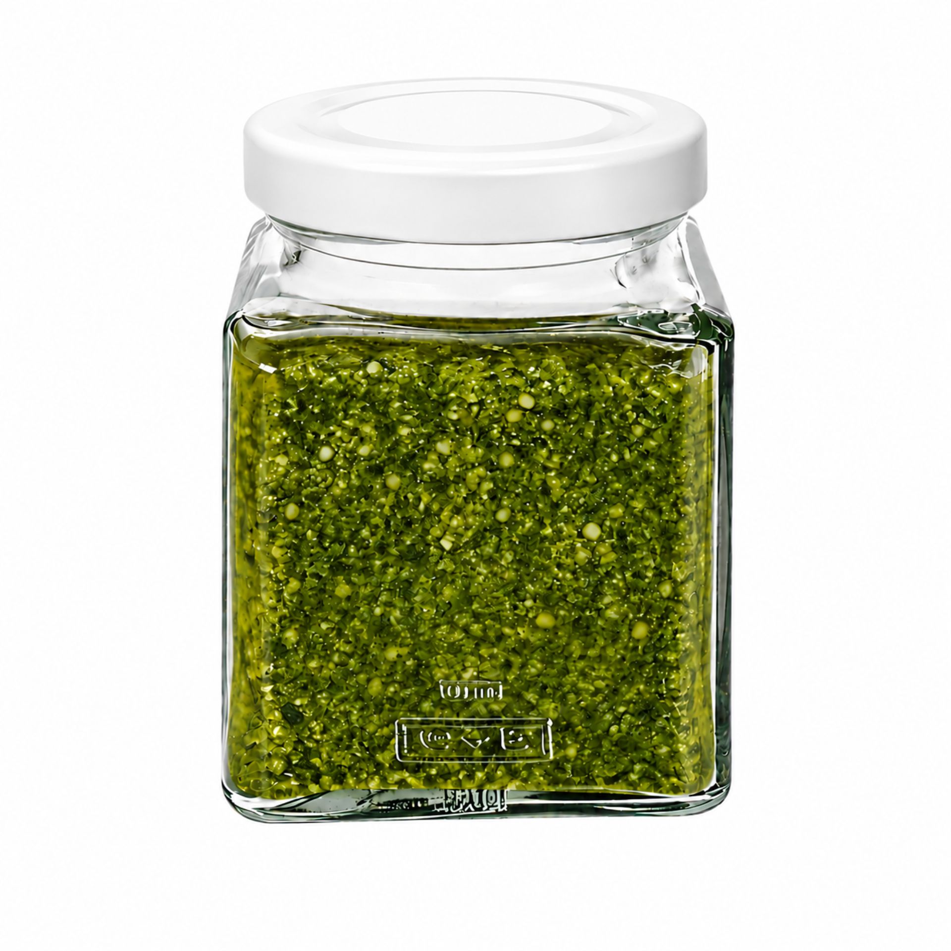 Leere Glasflasche mit Schraubverschluss auf weißem Hintergrund, zylindrische Form, transparente Oberfläche, spiegelt Licht leicht wider.