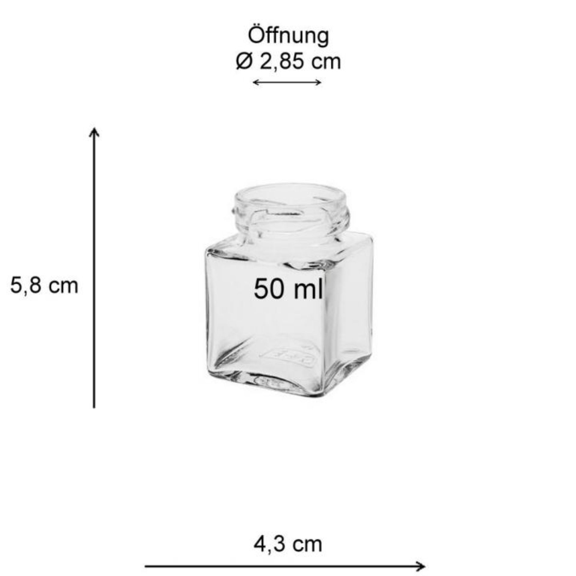 Einmachglas 50 ml Quadratglas mit Deckel in verschiedenen Farben, ideal für Konfitüren, Gewürze und Vorratshaltung.