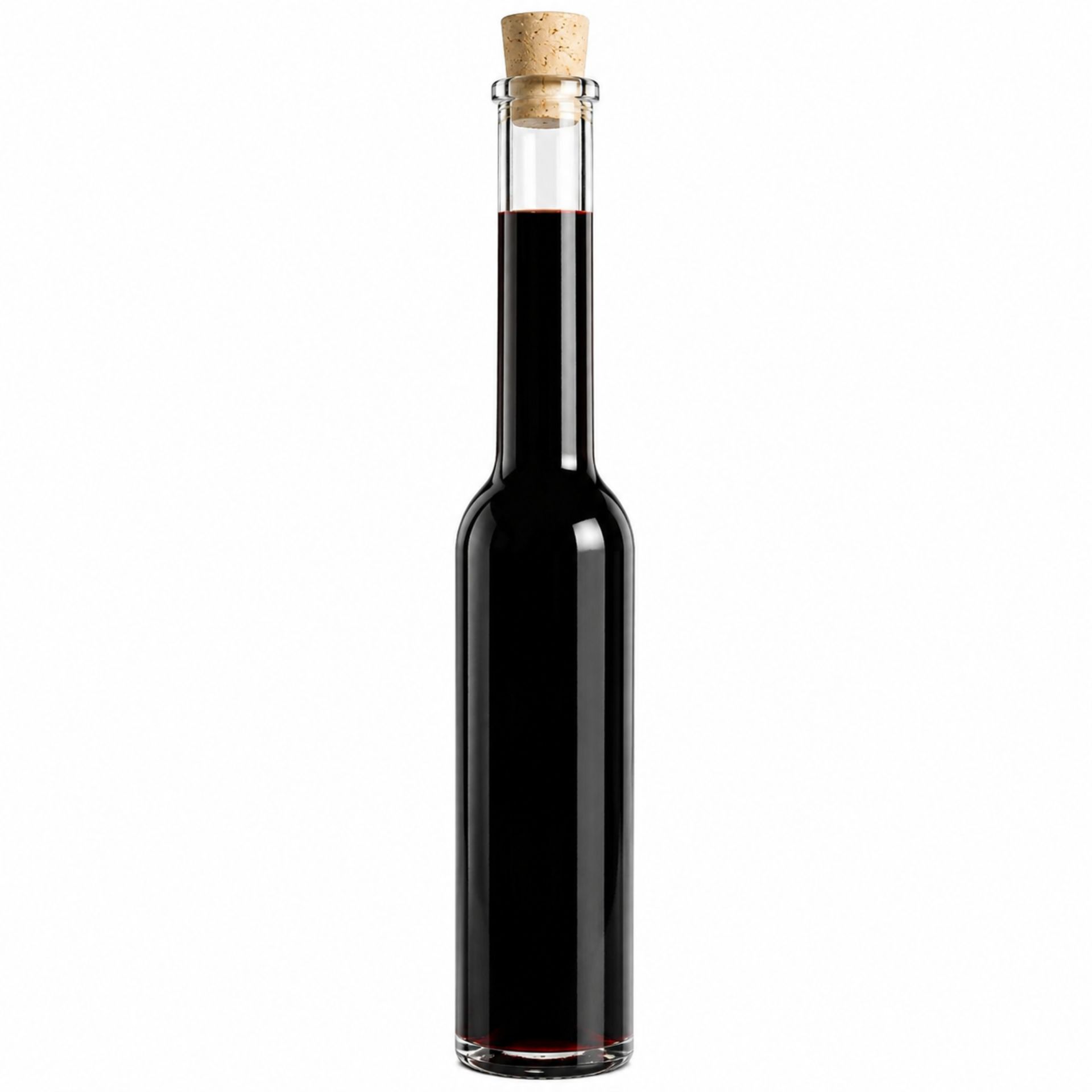 200 ml Glasflasche mit langhalsigem Design und Korken, ideale Verpackungslösung für edle Getränke, auf einem weißen Hintergrund