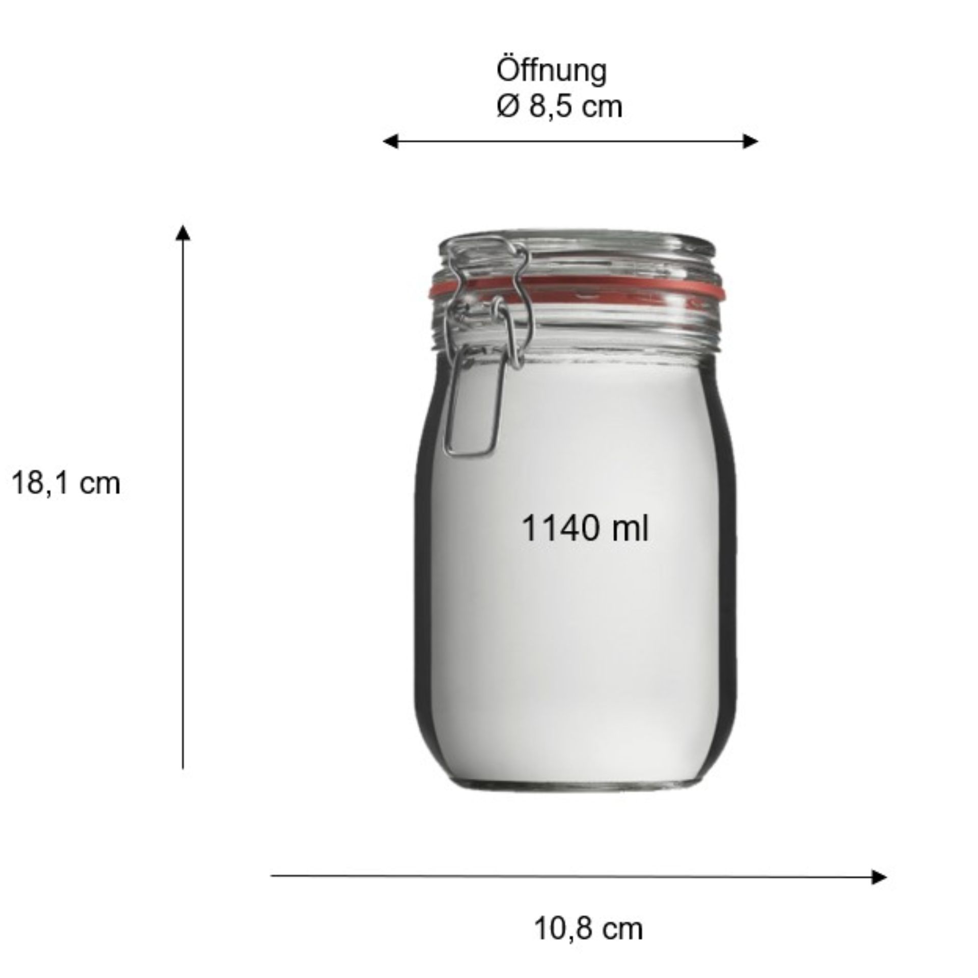 Großes Bügelverschlussglas mit 1140 ml Fassungsvermögen, transparent, mit Metallbügel und rotem Gummiring, stehend auf weißem Hintergrund.
