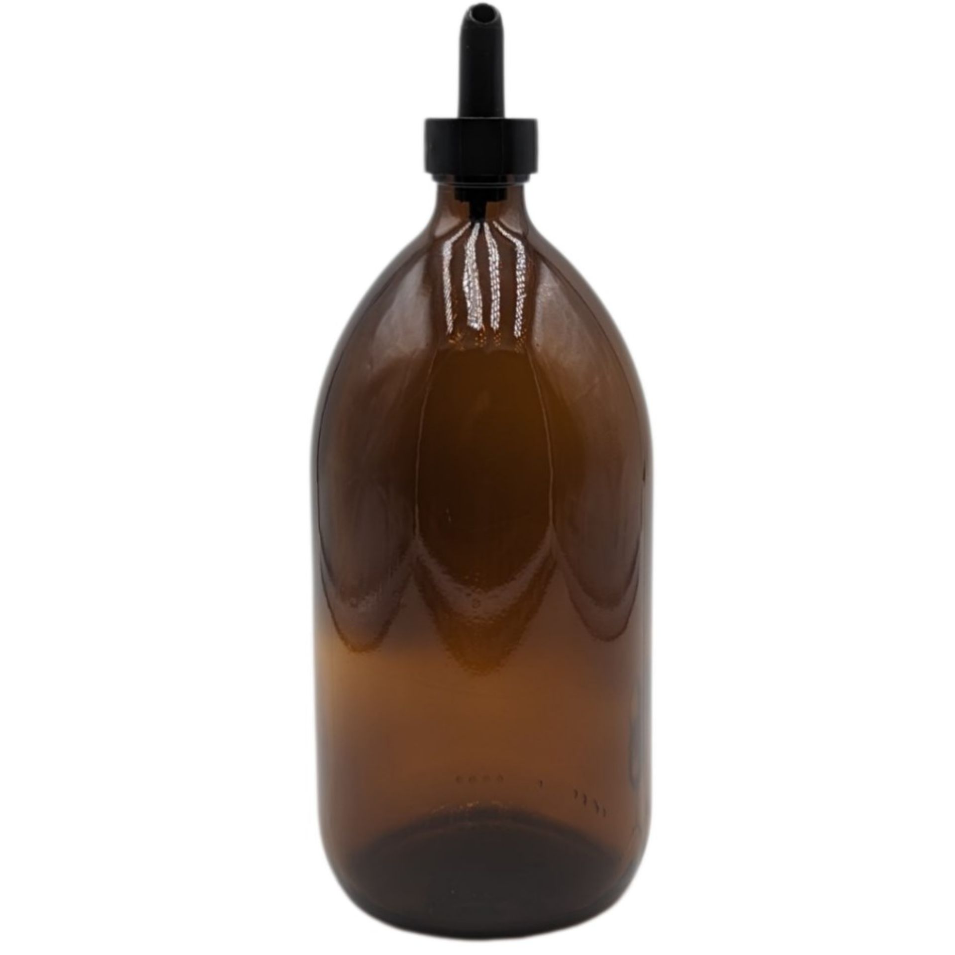 Klare Glasflasche mit 1000 Millilitern Volumen, zylindrische Form mit leichtem Schwung zur Schulter hin, weiter Hals ohne Deckel, vor weißem Hintergrund freigestellt.