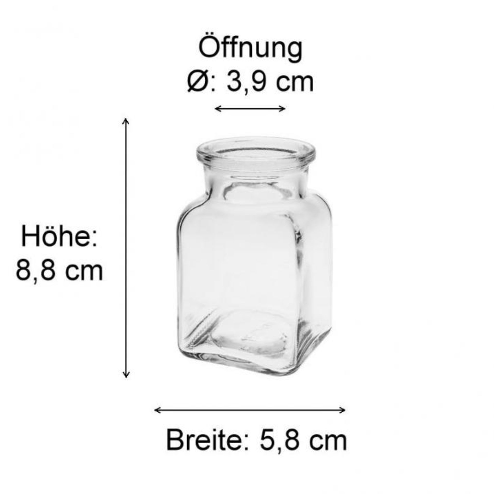 Maßzeichnung einer transparenten Mehrweg-Glasflasche mit den genauen Abmessungen in Millimetern, ideal zur Planung und Fertigung von personalisierten Getränkebehältern.
