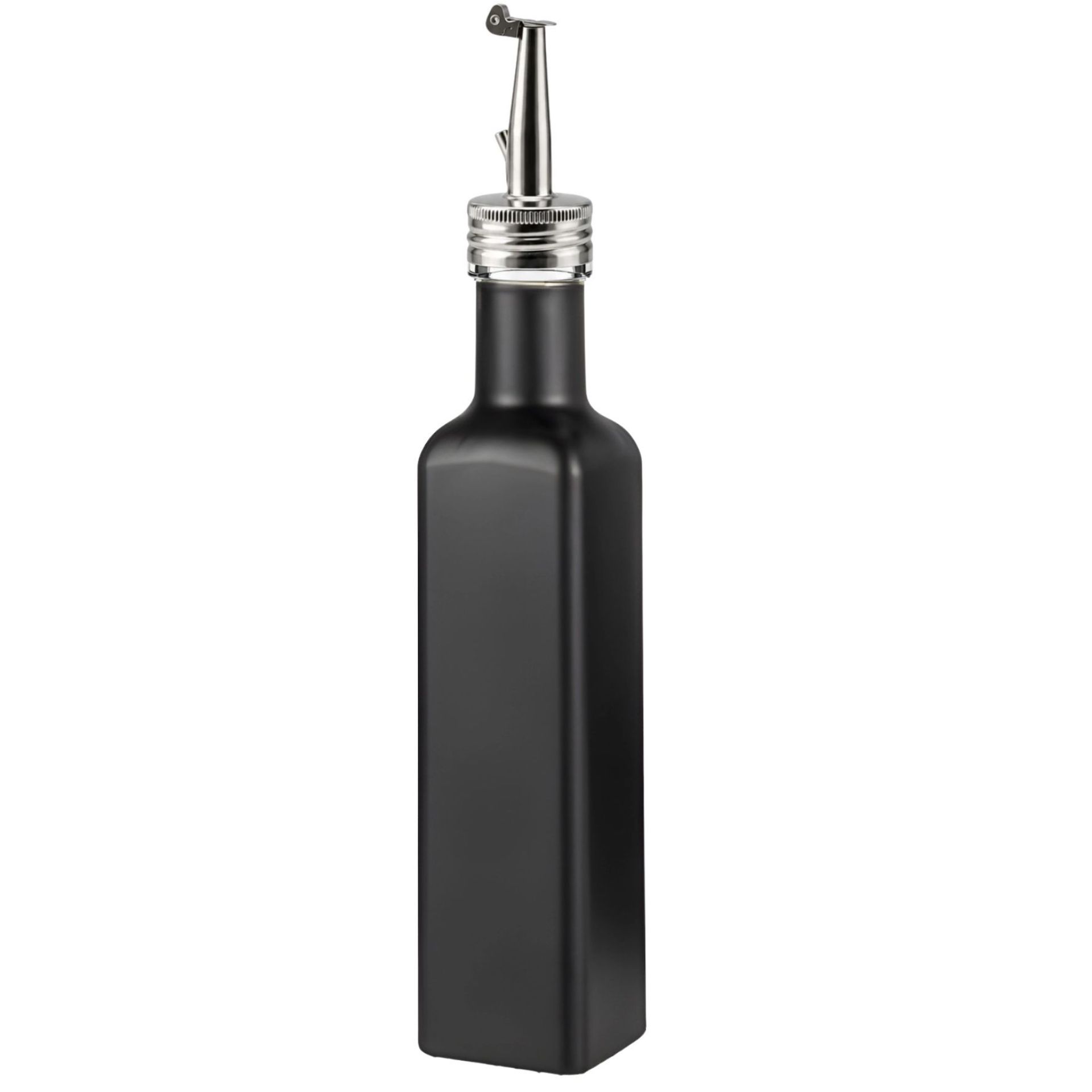 Schwarze Edelstahl-Thermoflasche in zylindrischer Form mit abgerundeter Kappe, stehend vor neutralem Hintergrund.