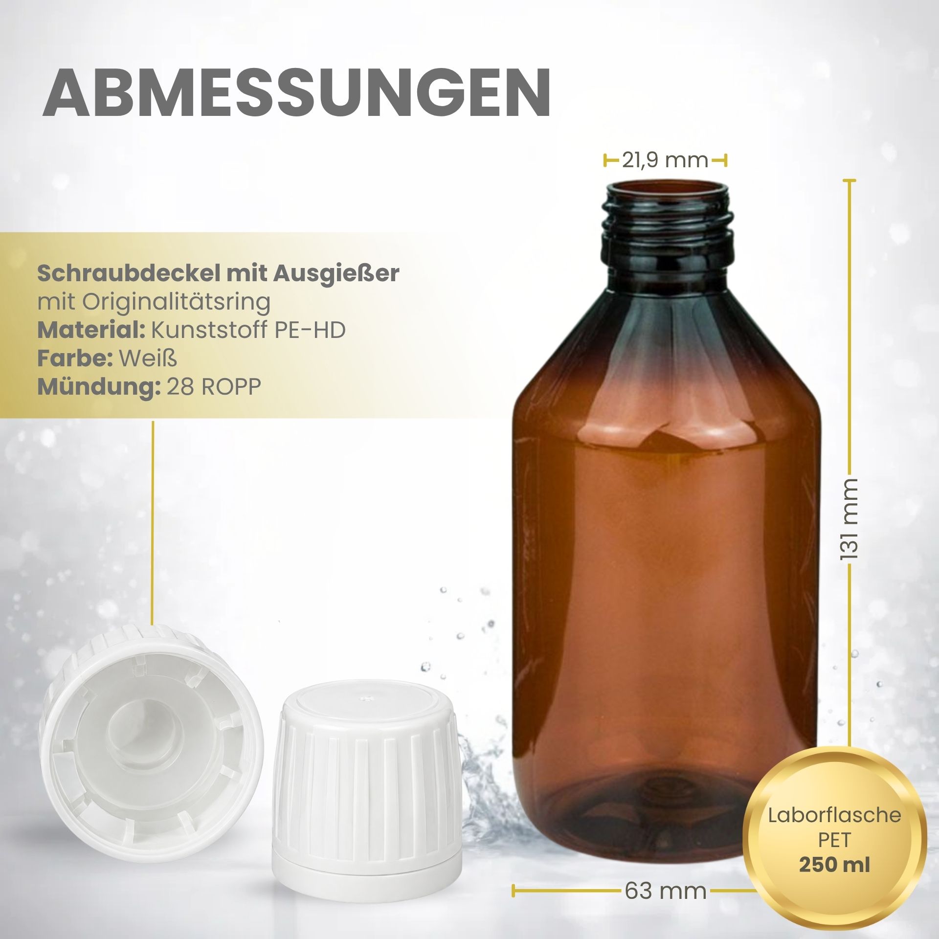 Laborflasche  250 ml braun PET Kunststoff mit Ausgießer weiß